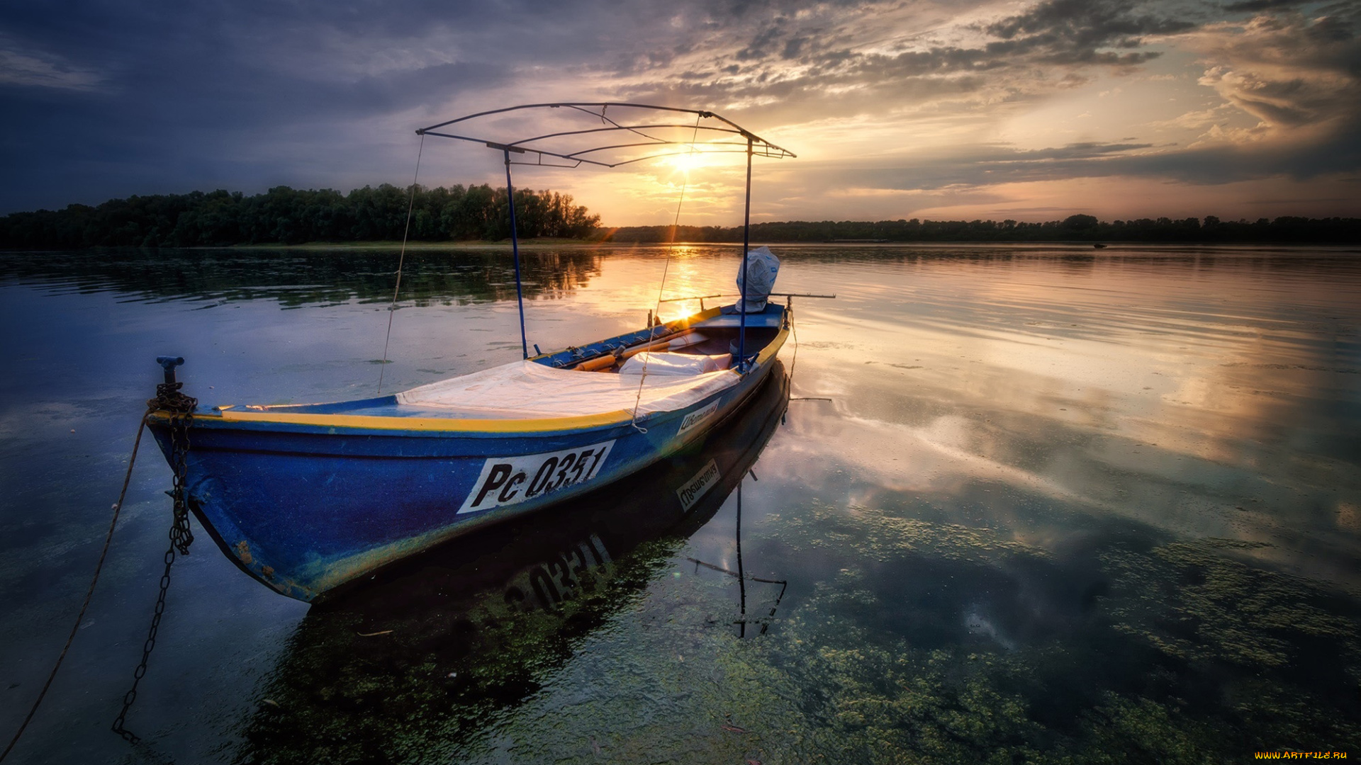 корабли, моторные, лодки, закат, лодка, река