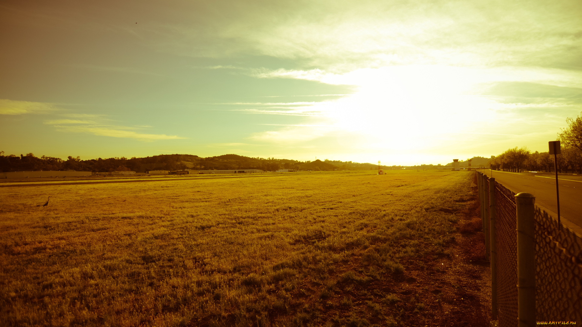 природа, поля, забор, небо, дорога, поле