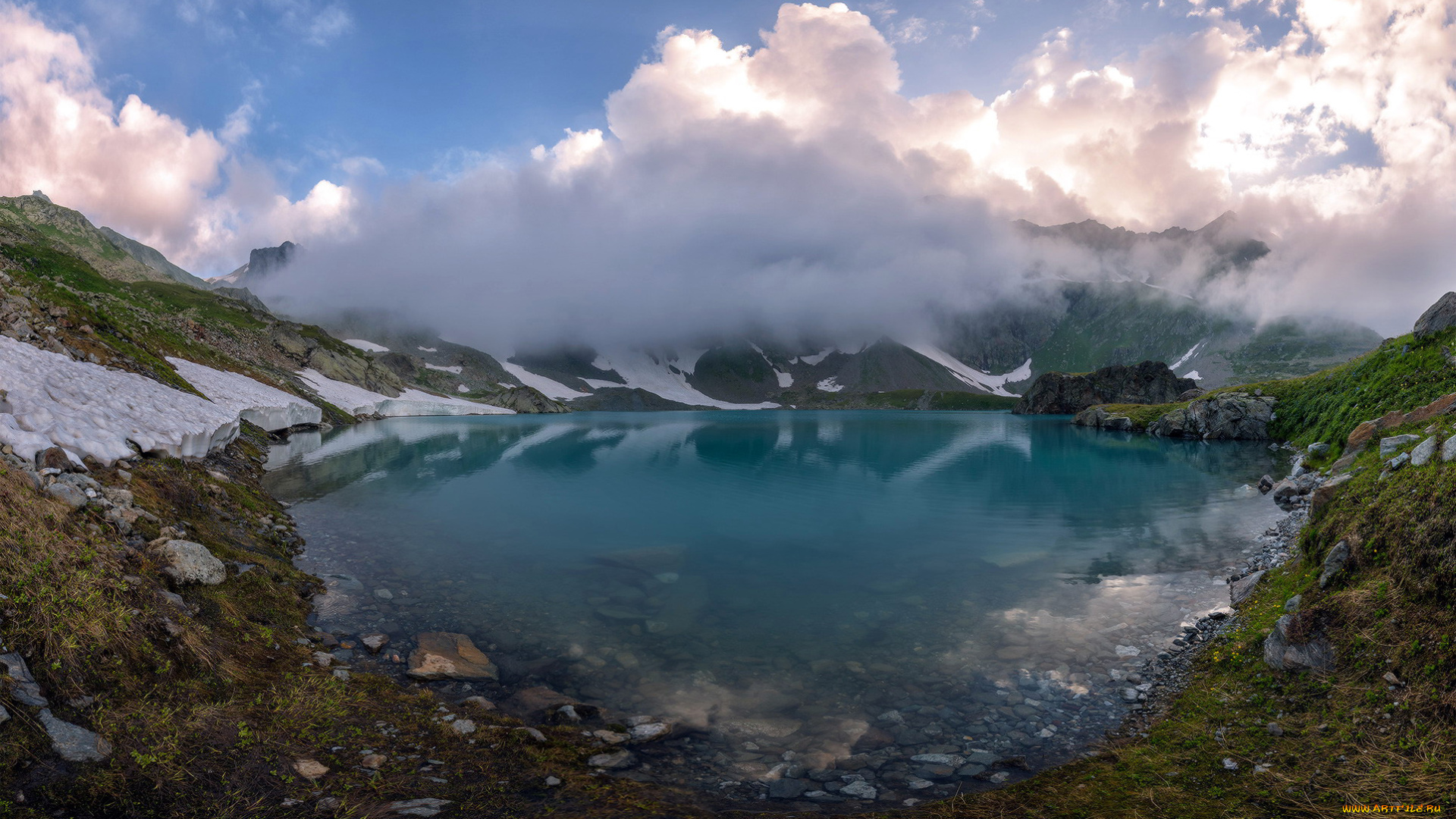 природа, реки, озера, озеро, горы, облака, туман