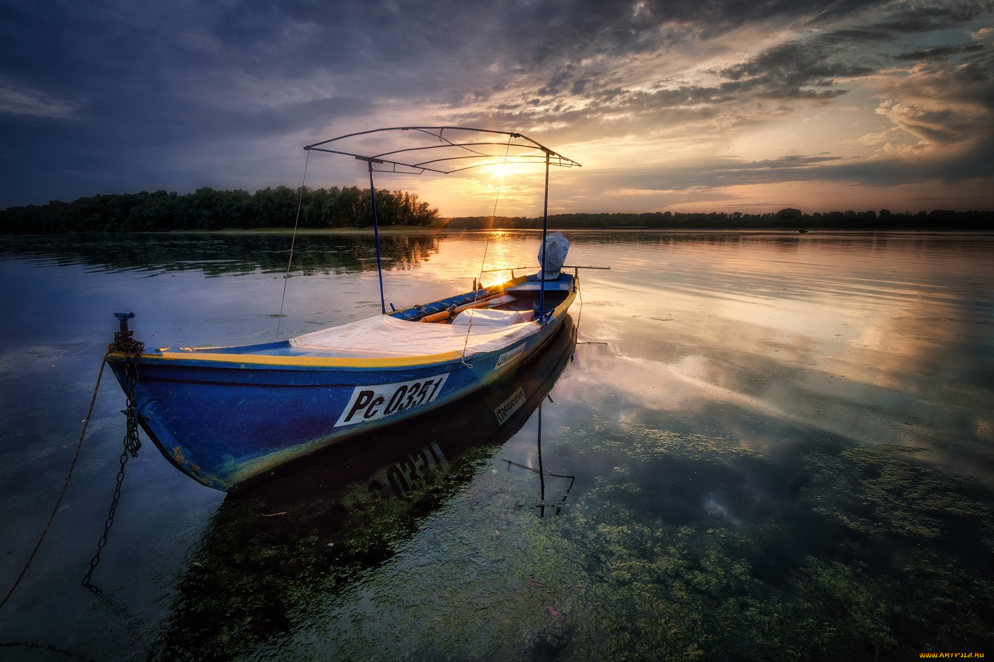 корабли, моторные, лодки, закат, лодка, река