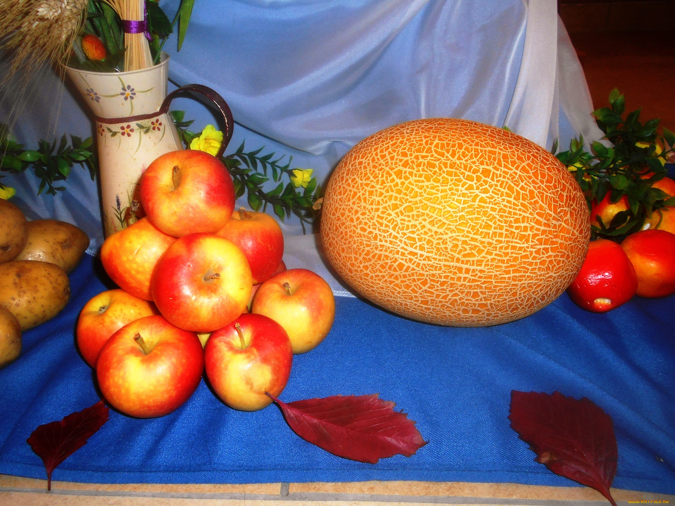 еда, натюрморт, дыня, яблоки