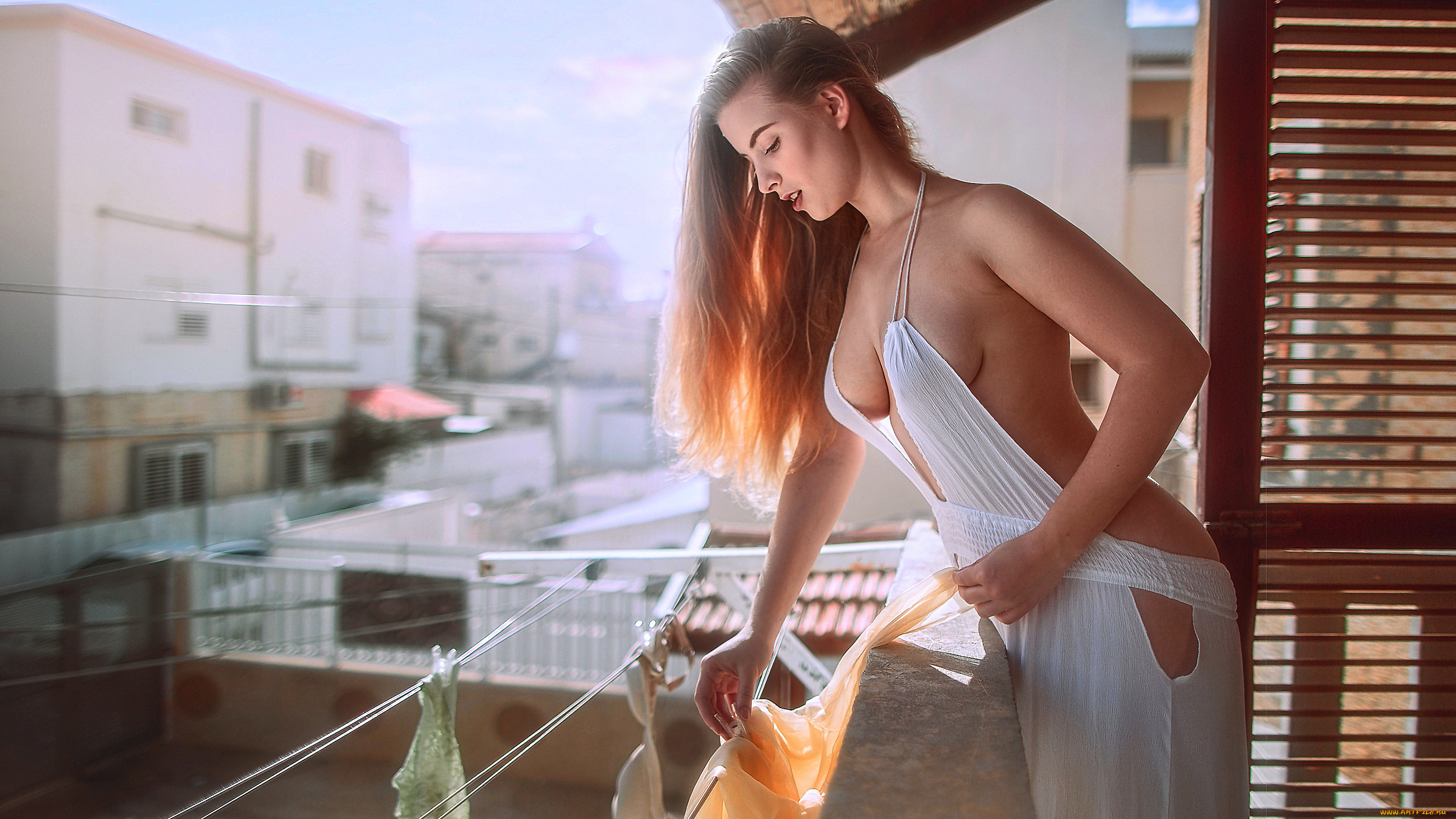 девушки, -unsort, , рыжеволосые, и, другие, белье, женщина, балкон, солнце