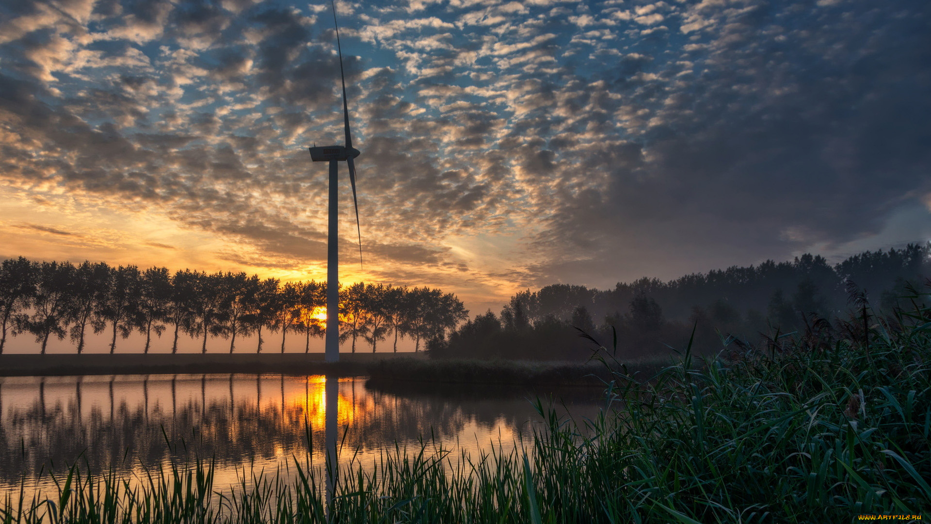 разное, ветрогенераторы, закат, мельница, трава, река