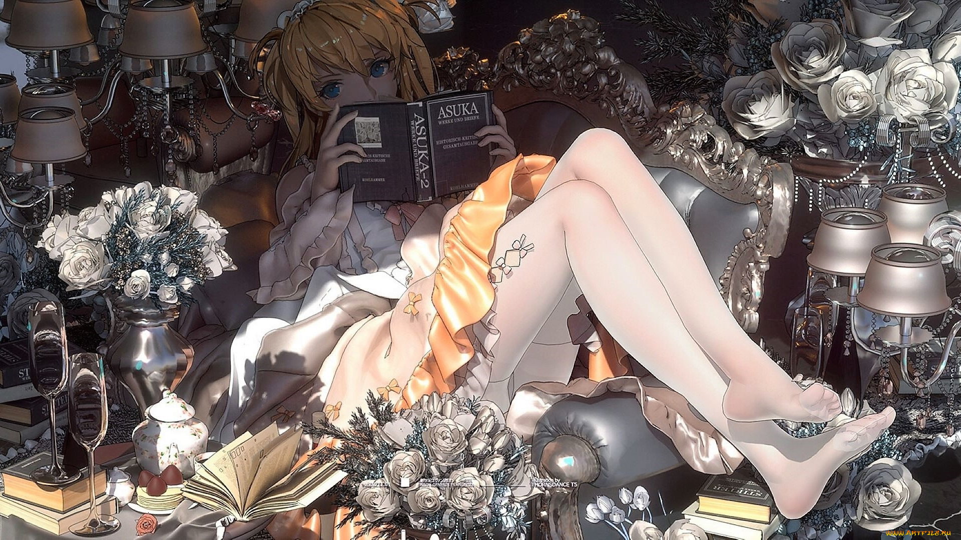 аниме, unknown, , другое, , девушка, книга, цветы, светильники, бокалы