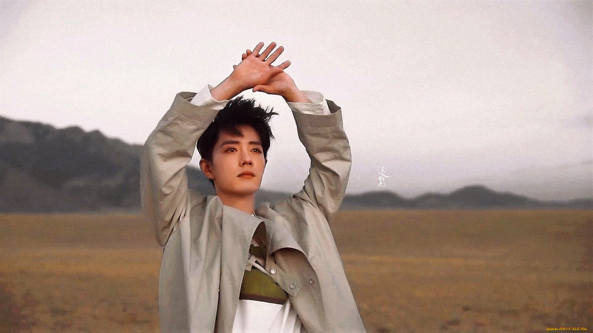 мужчины, xiao, zhan, плащ, жест, степь, горы