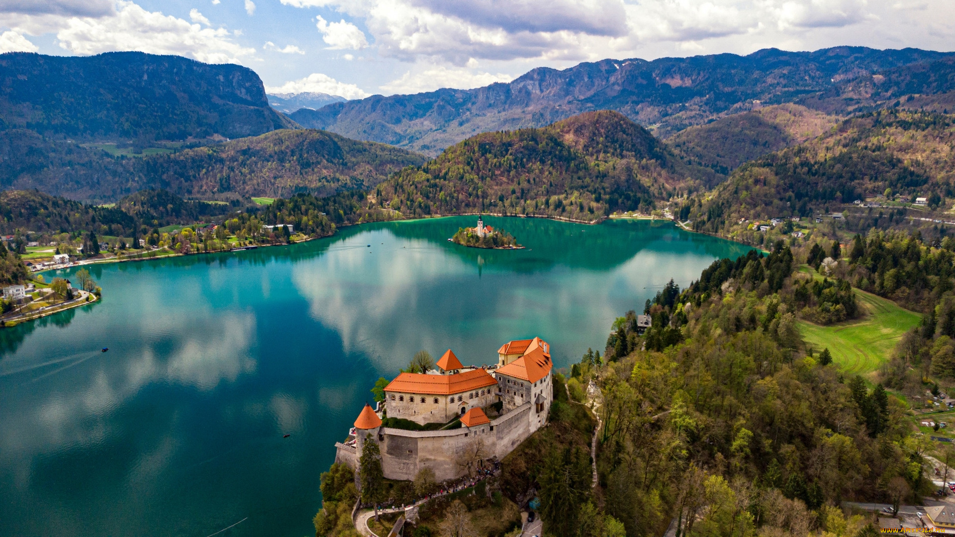 города, блед, , словения, озеро, панорама, церковь, замок