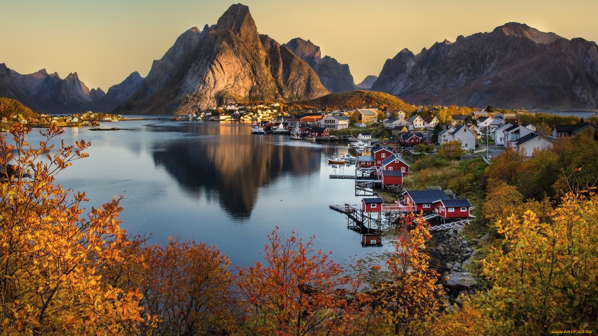 города, лофотенские, острова, , норвегия, горы, фьорд, дома