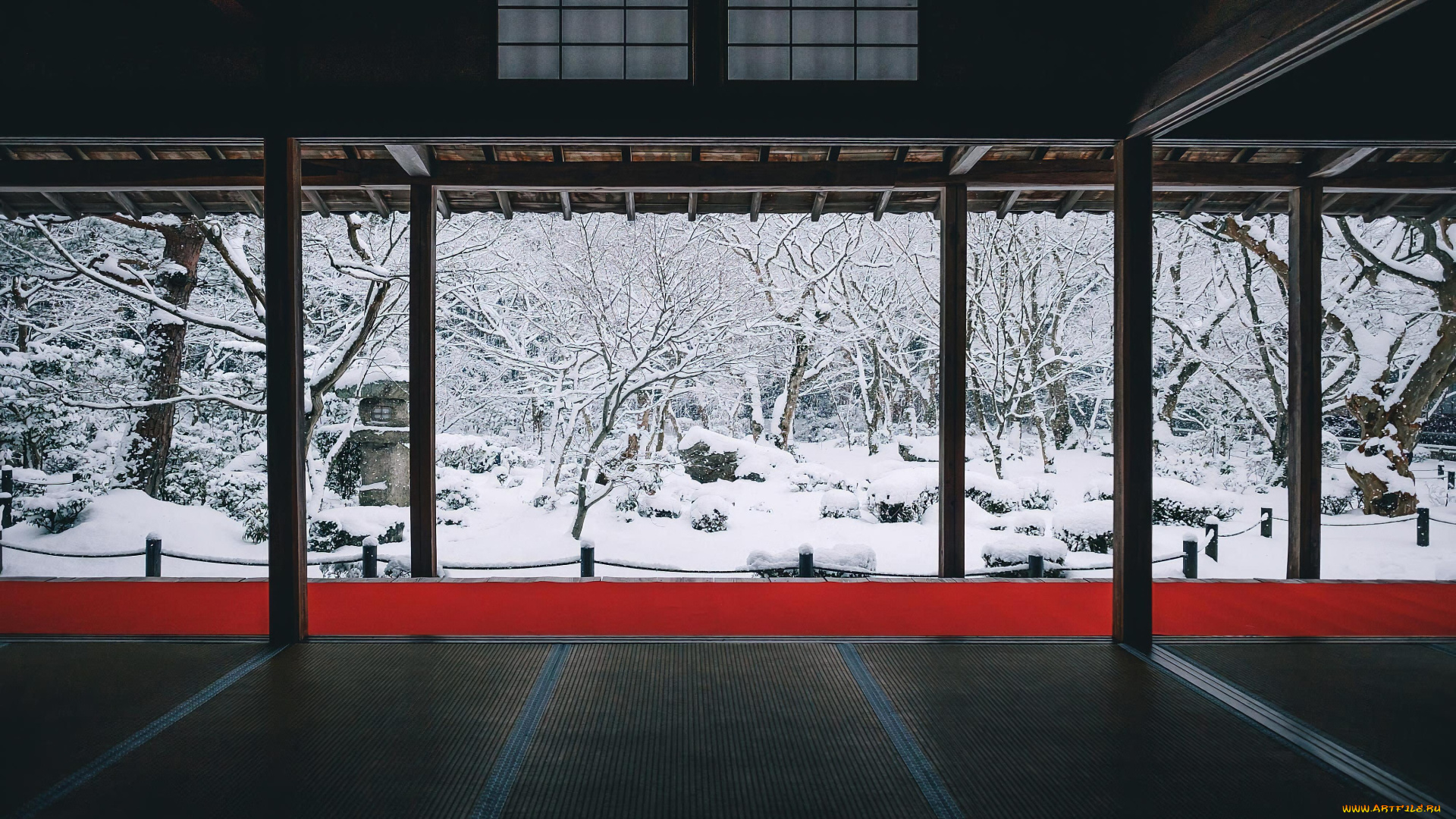 интерьер, веранды, , террасы, , балконы, азиатская, архитектура, япония, зима, снег, деревья