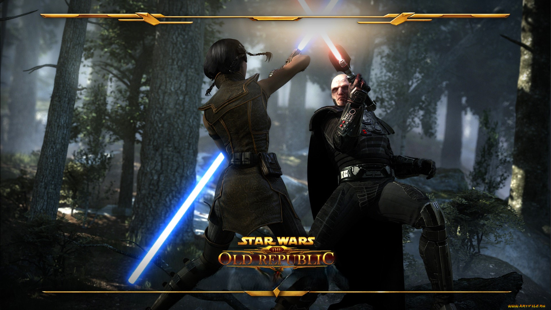 видео, игры, star, wars, , the, old, republic, девушка, ситх, поединок, бой, мечи, лес