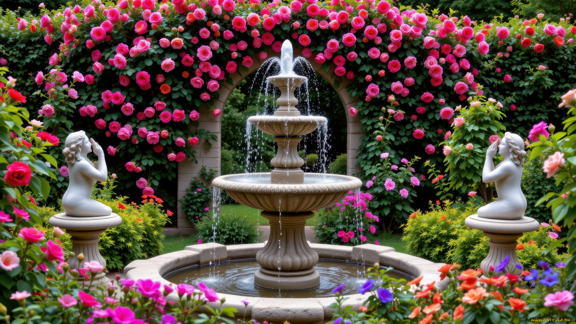 автор, wp, stl, 3д, графика, природа, , nature, парк, фонтан, арка, цветы, статуи