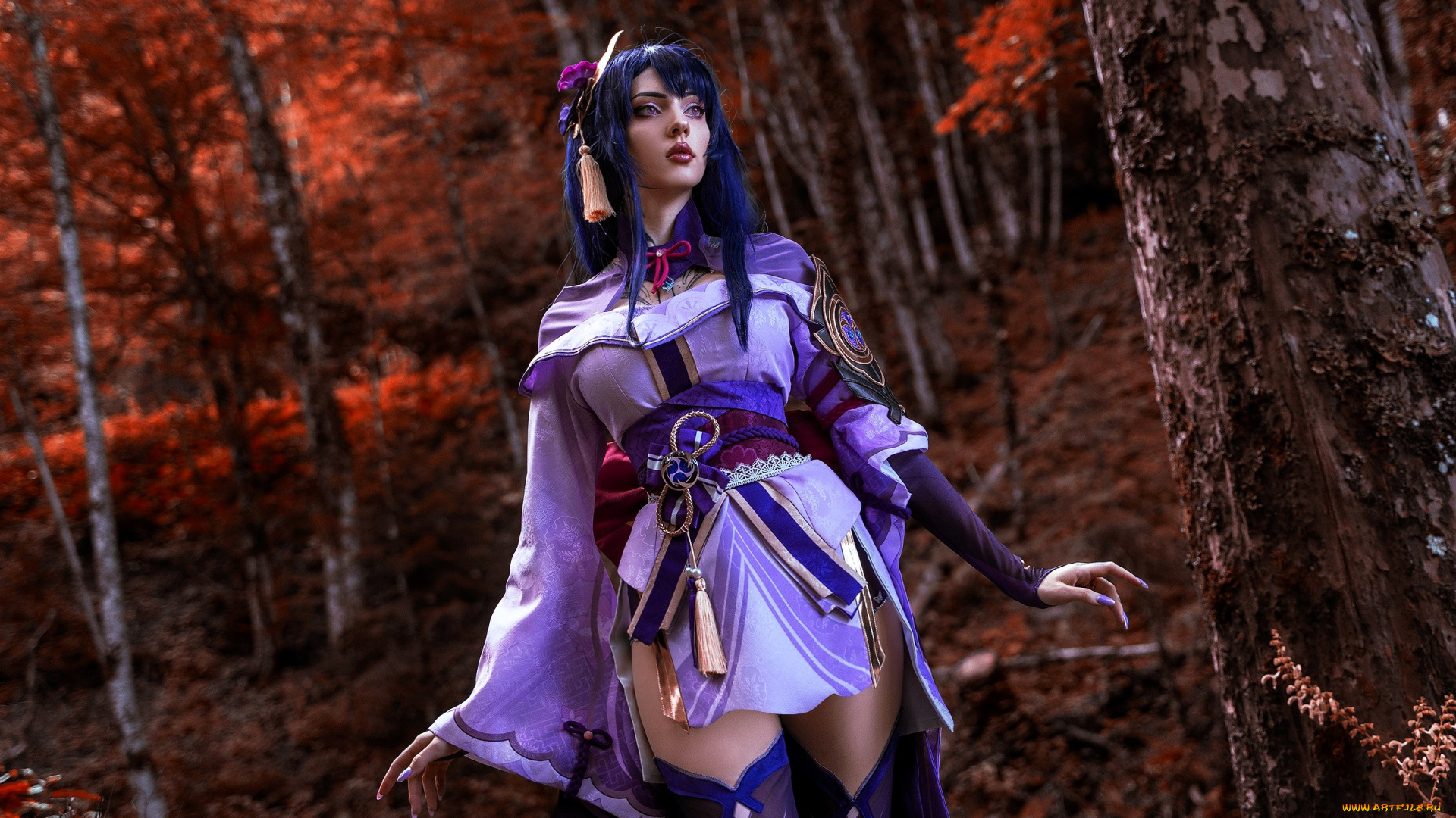 девушки, alin, ma, , xenon, образ, косплей, наряд, костюм, лес, деревья, листья, осень