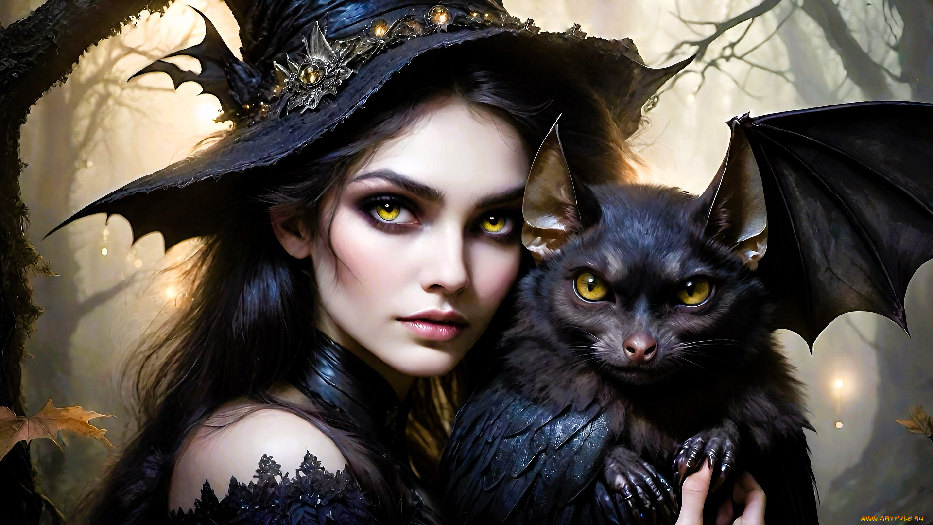 фэнтези, маги, , волшебники, девушка, лицо, ведьма, шляпа, летучая, мышь, лес, осень