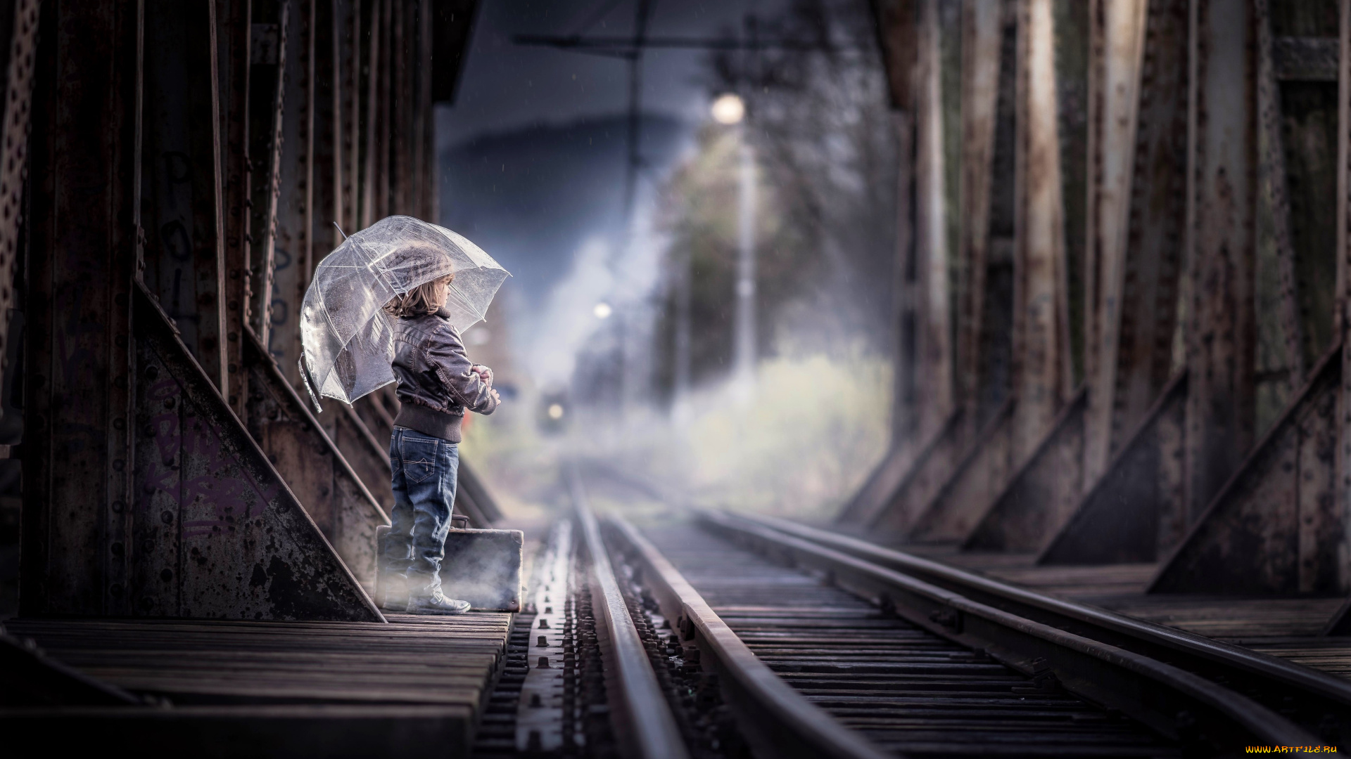 разное, дети, мальчик, зонт, куртка, джинсы, сапоги, чемодан, железная, дорога, рельсы