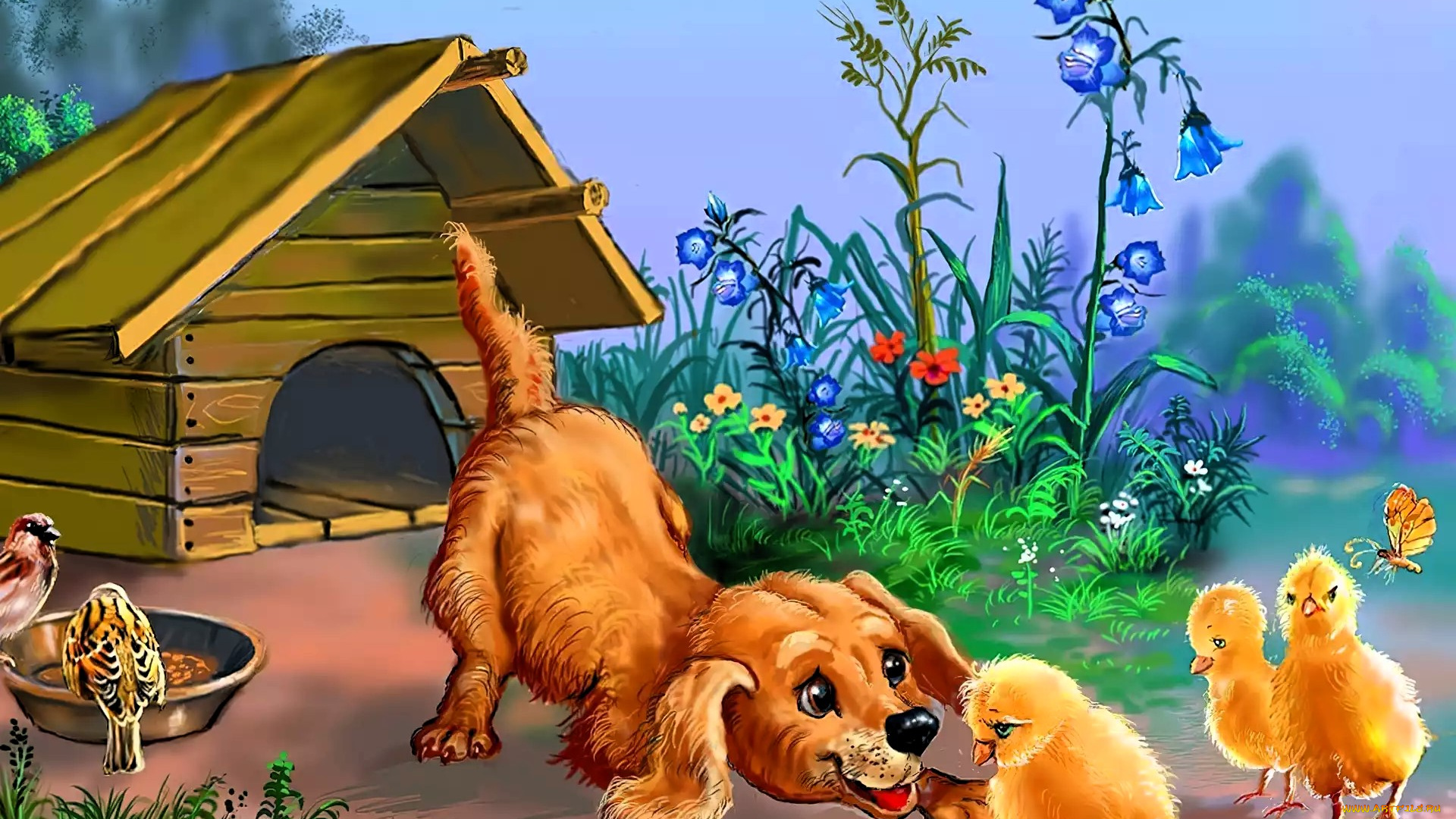 рисованное, виктор, цыганов, щенок, цыплята, бабочки, цветы, будка, птица, миска