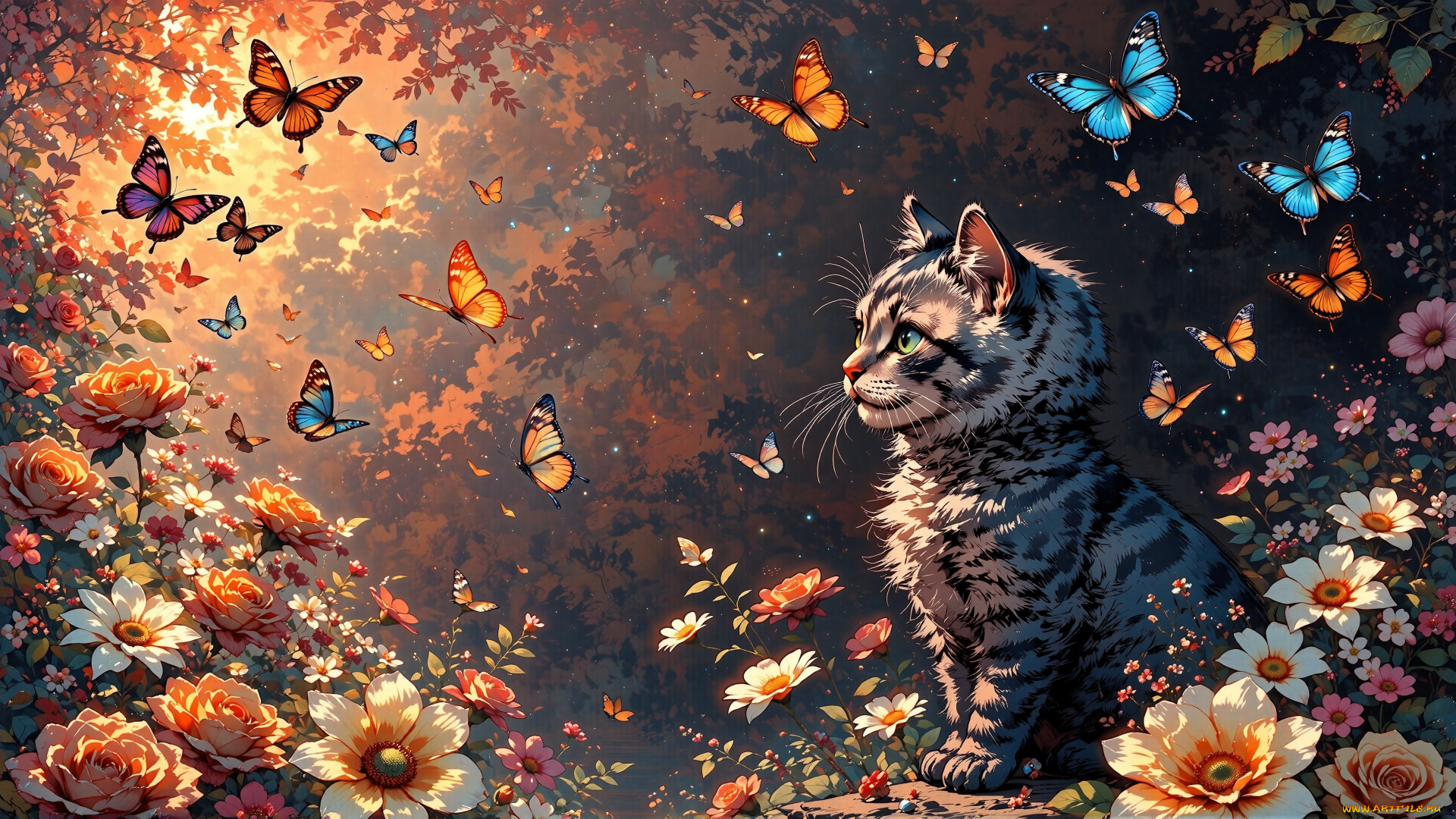 рисованное, животные, , коты, кот, бабочки, цветы, деревья