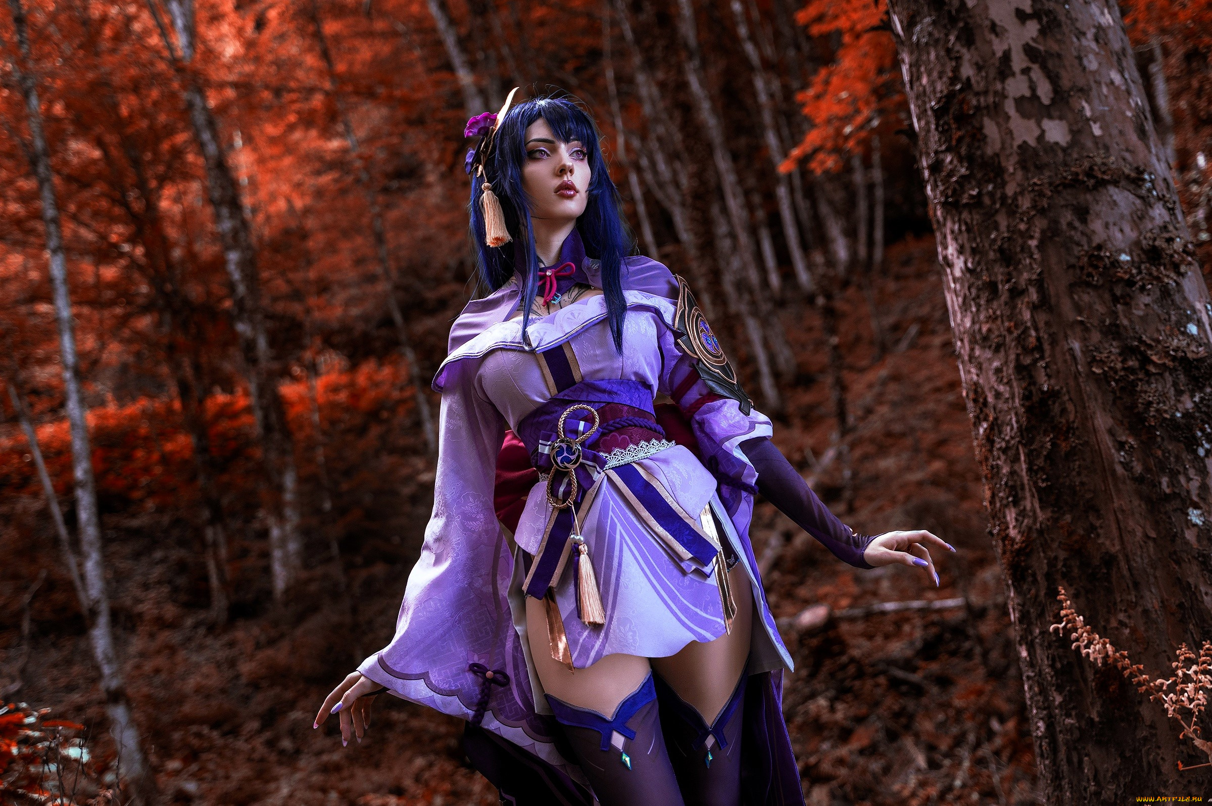 девушки, alin, ma, , xenon, образ, косплей, наряд, костюм, лес, деревья, листья, осень