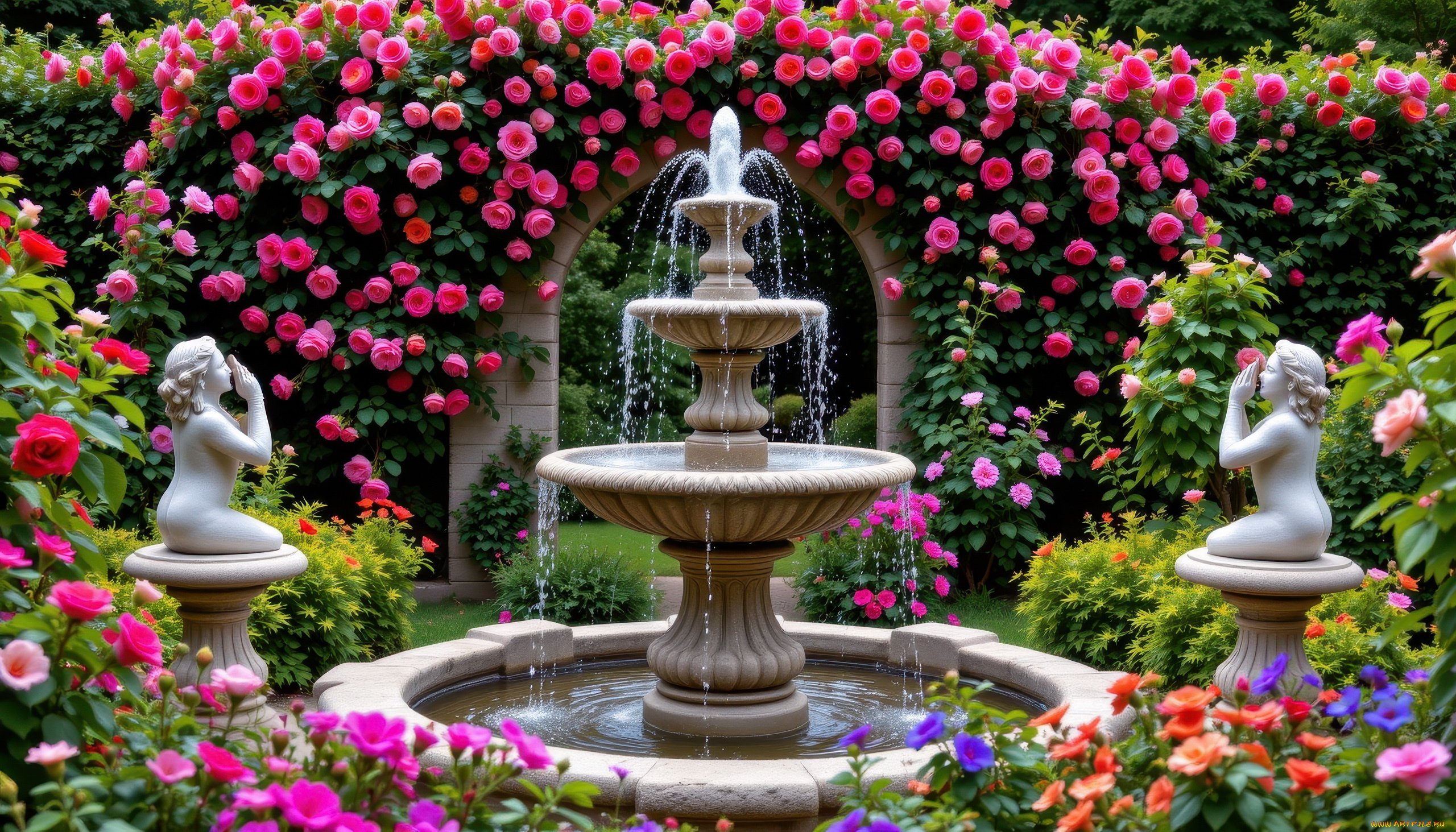 автор, wp, stl, 3д, графика, природа, , nature, парк, фонтан, арка, цветы, статуи