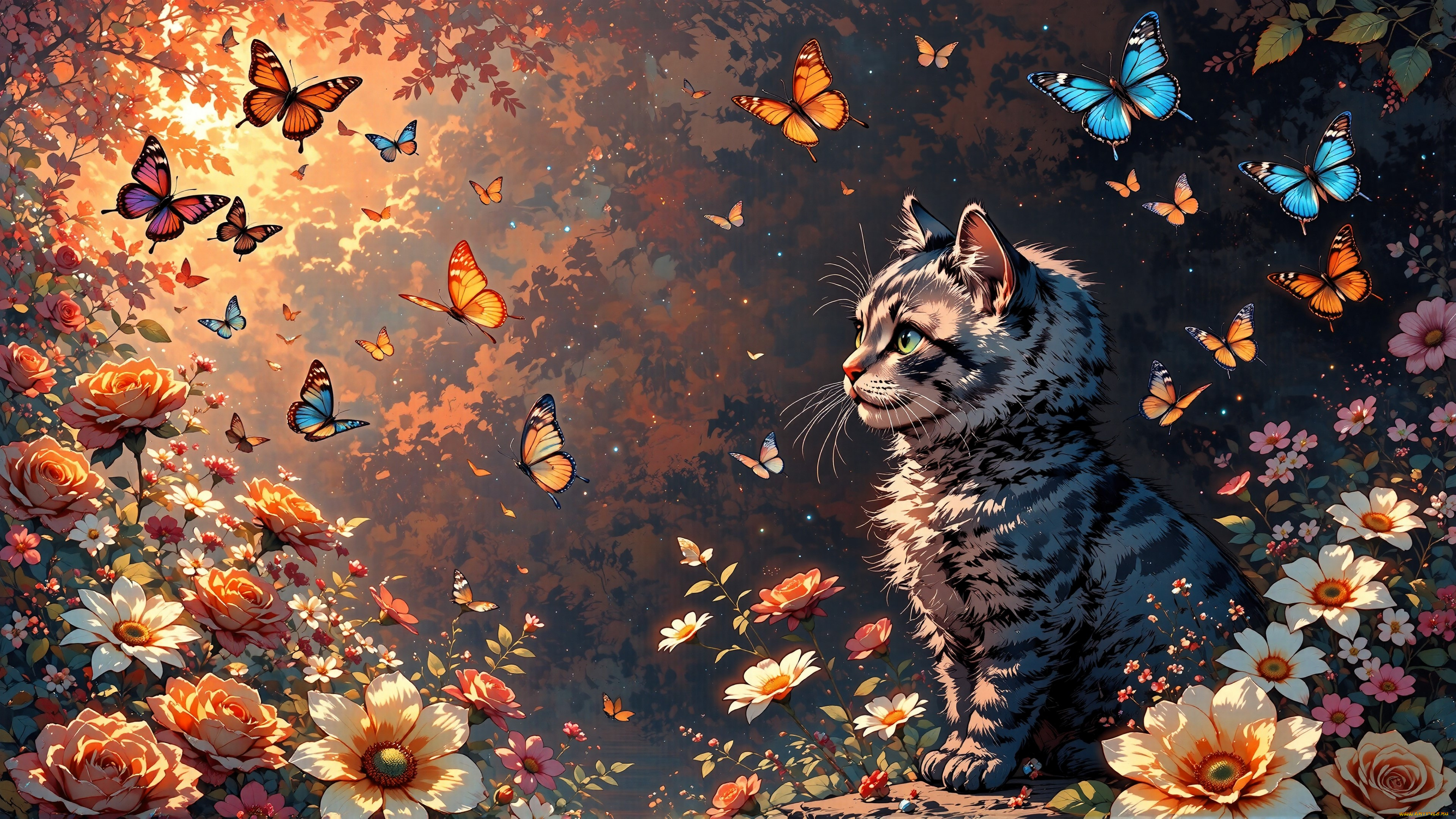 рисованное, животные, , коты, кот, бабочки, цветы, деревья