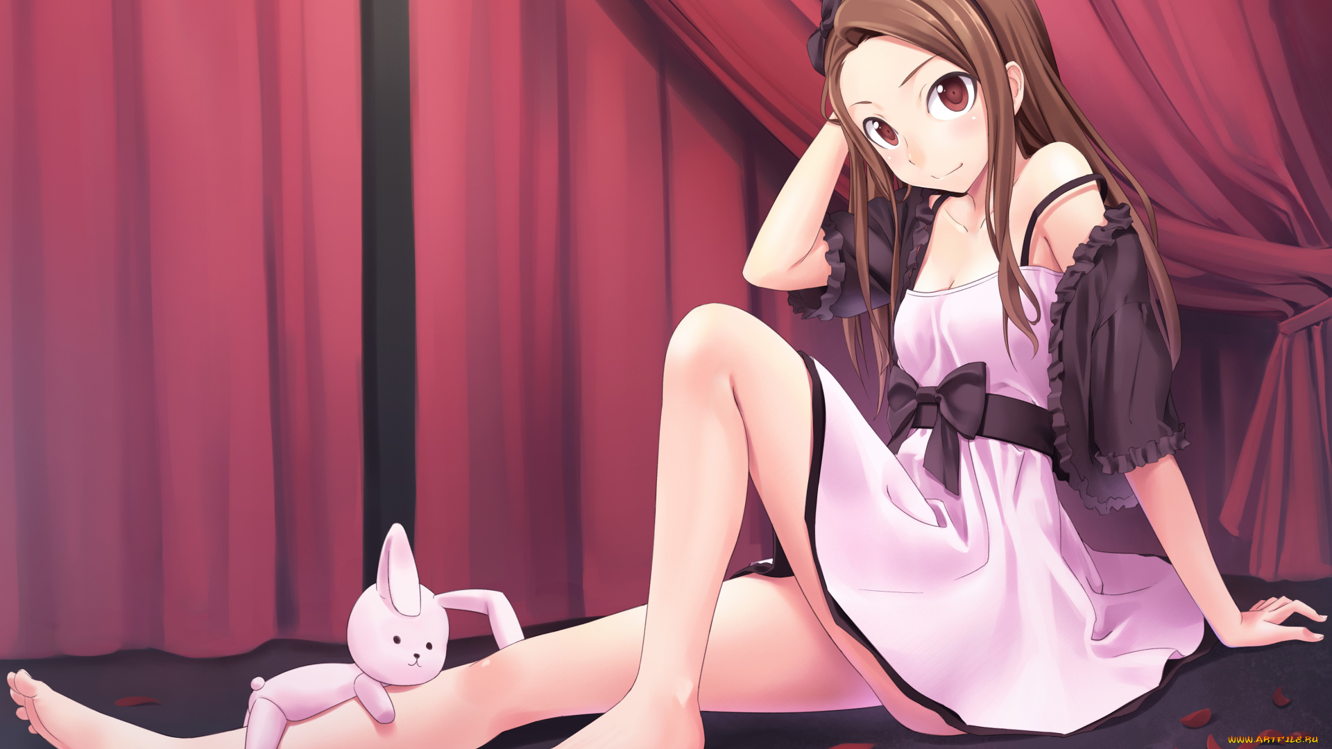 девочка, аниме, *unknown, другое, лепестки, девушка, зайчик, занавес, взгляд