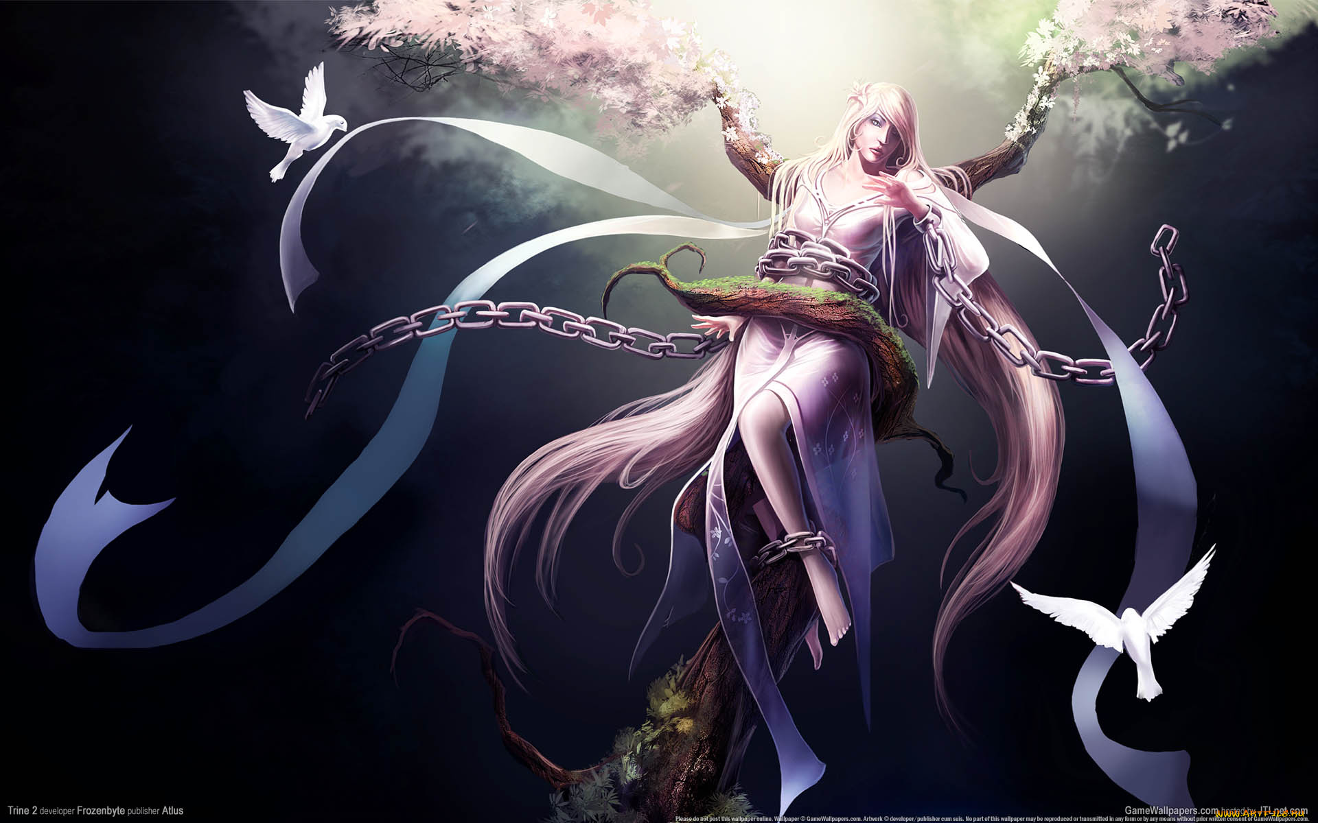 trine, видео, игры, девушка, дерево, голуби, цепь