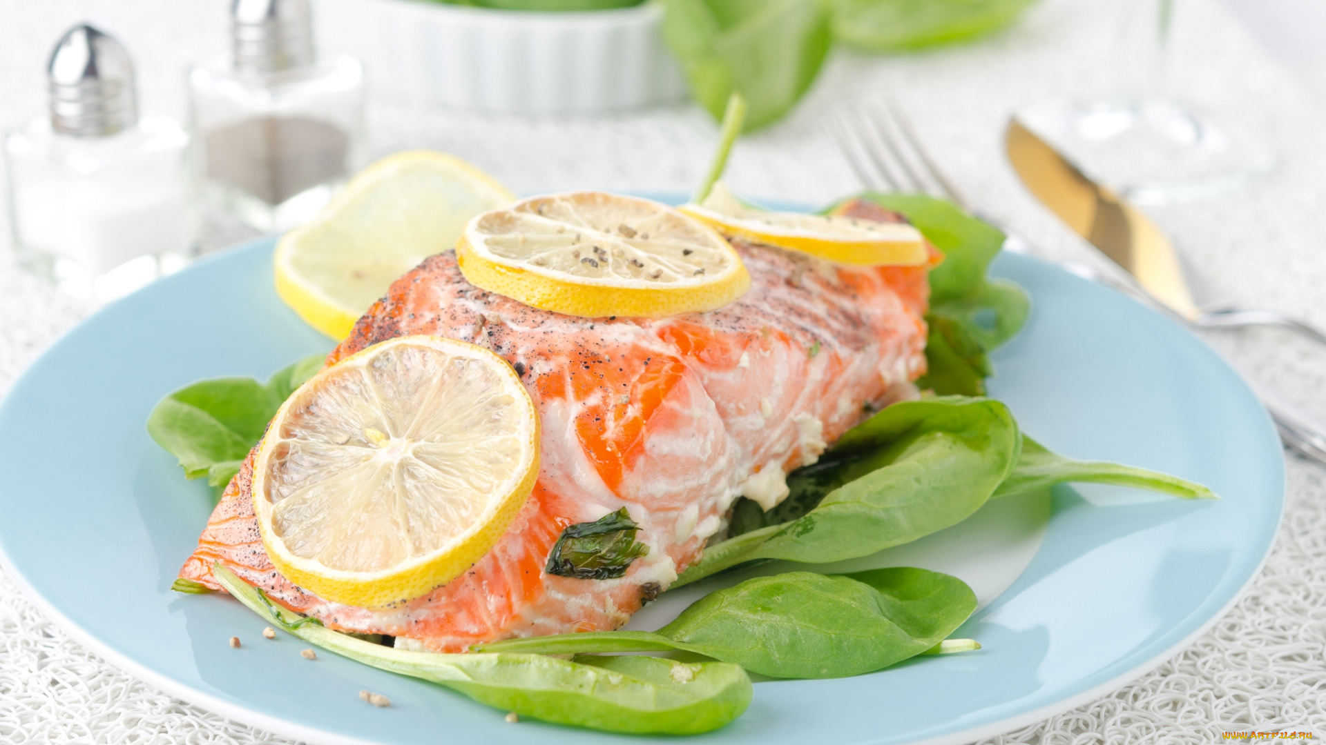 еда, рыбные, блюда, морепродуктами, форель, лимон, шпинат