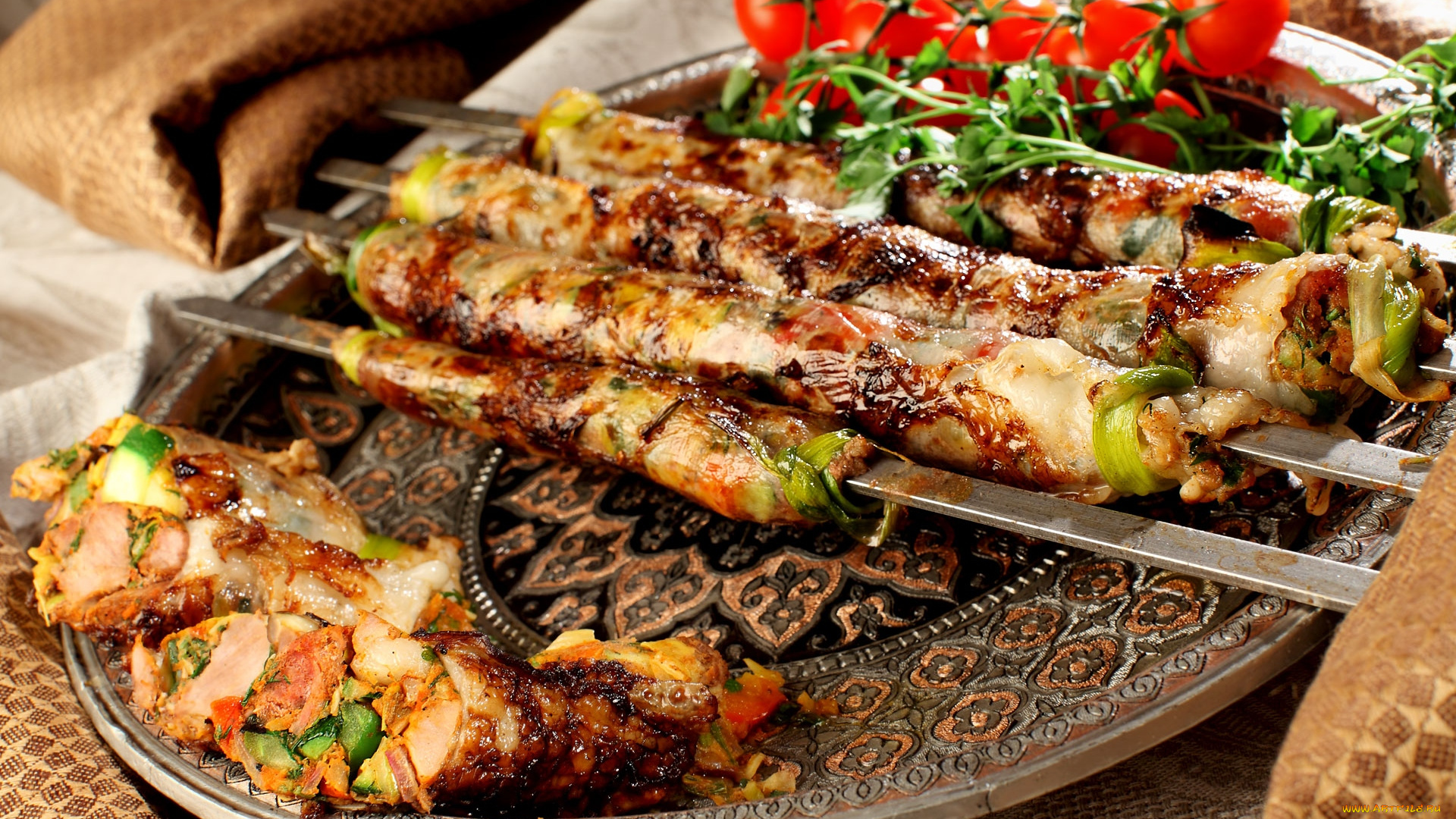 еда, шашлык, барбекю, помидоры, мясо, блюдо, томаты