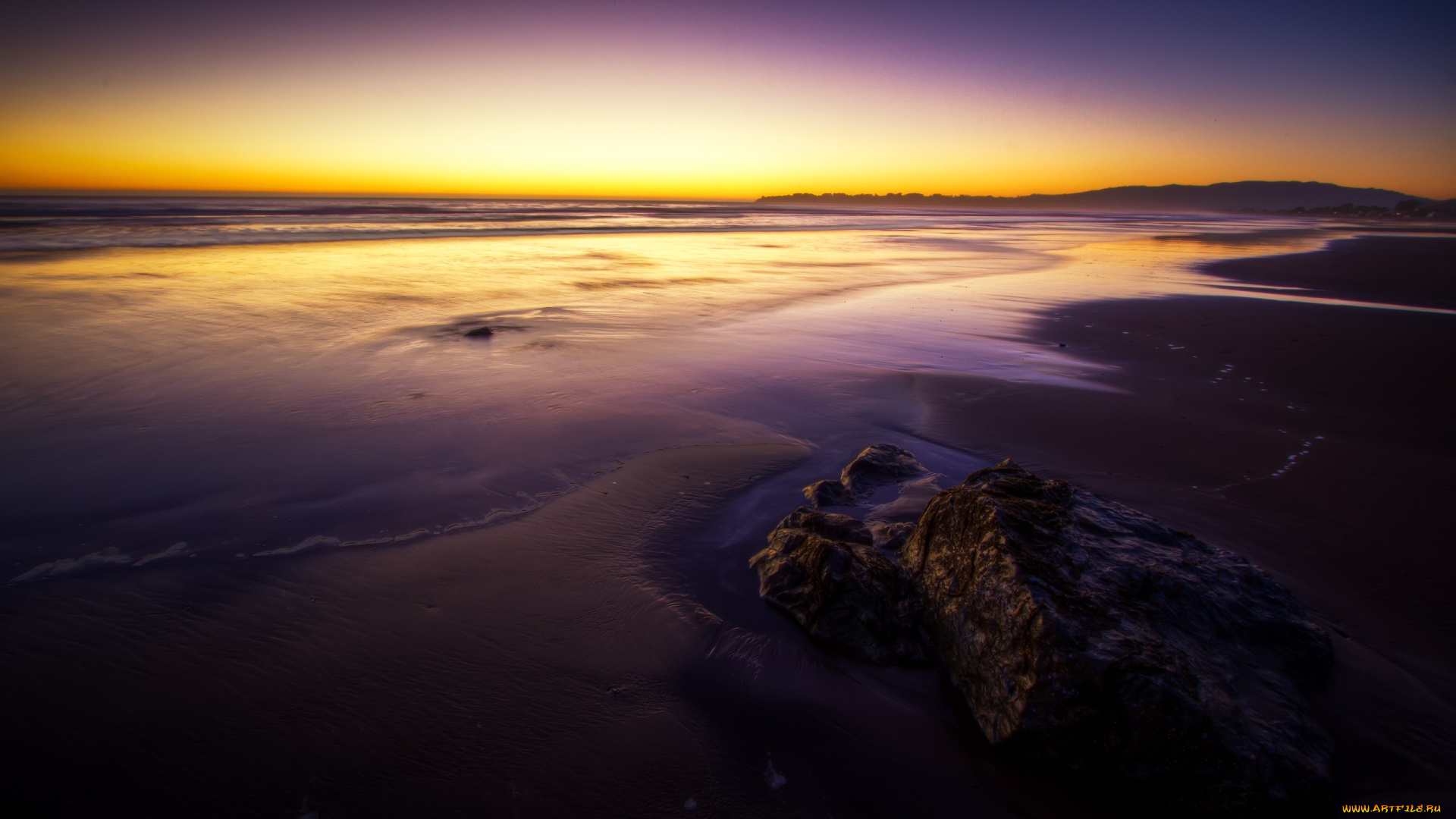 природа, побережье, пляж, камень, заря, океан
