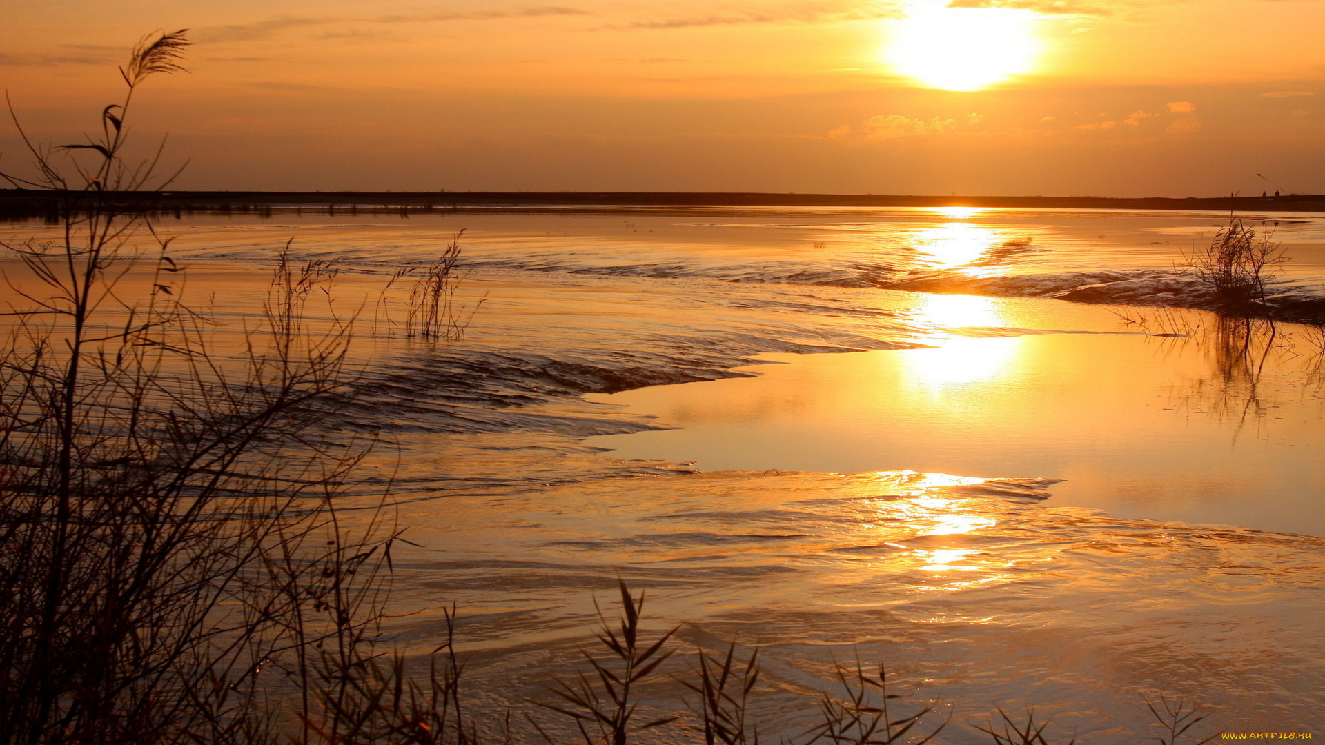 природа, восходы, закаты, закат, озеро, трава, тучи