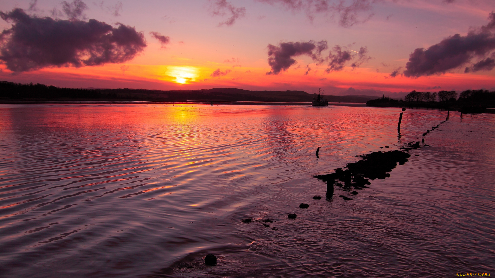 природа, восходы, закаты, закат, река, камни