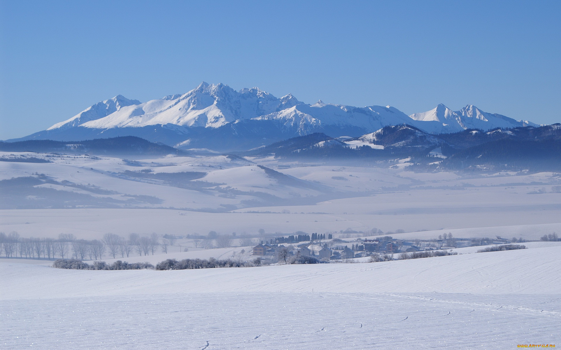 природа, зима, снег, горы, дома