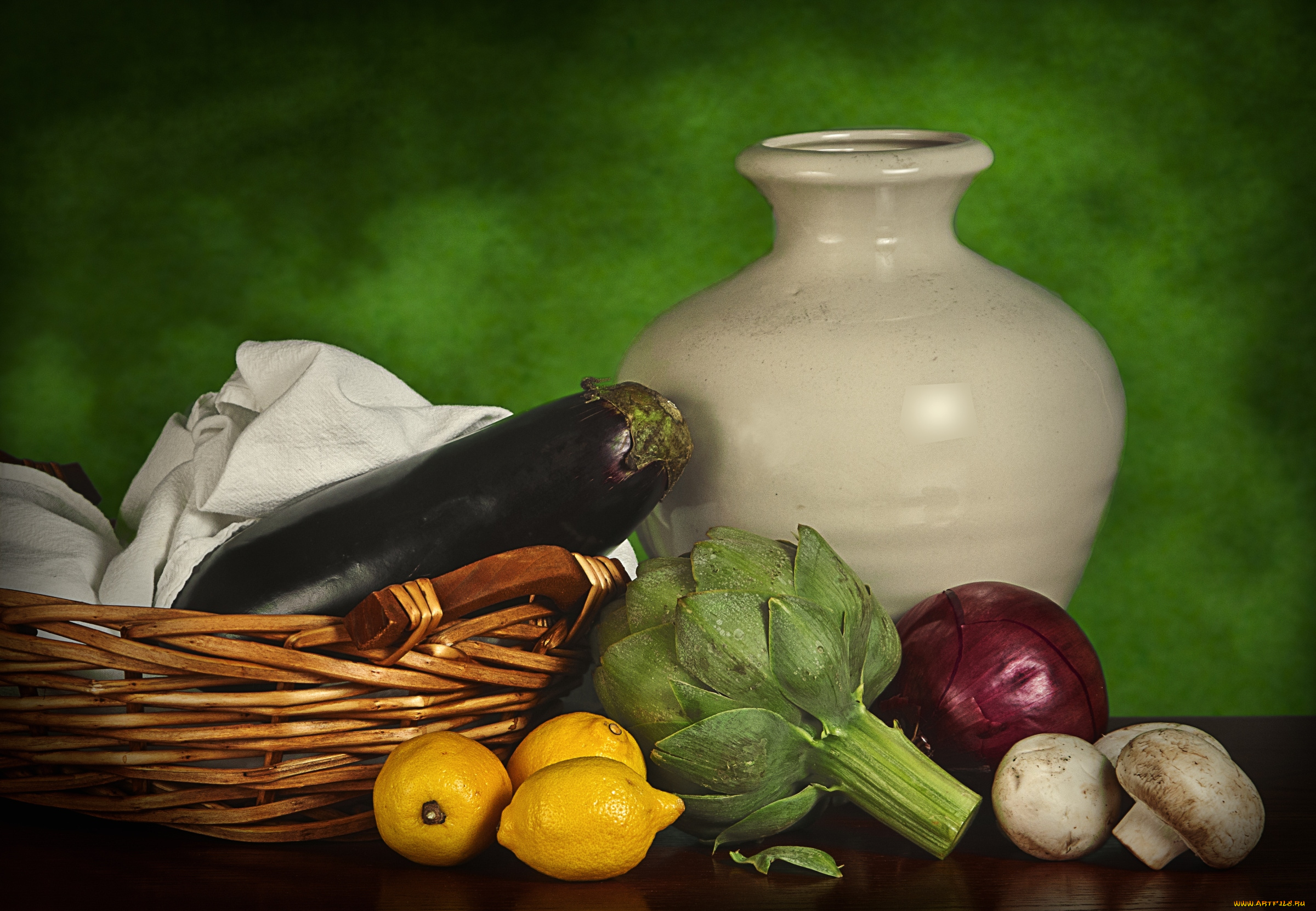 еда, натюрморт, грибы, артишок, баклажан, лук, посуда