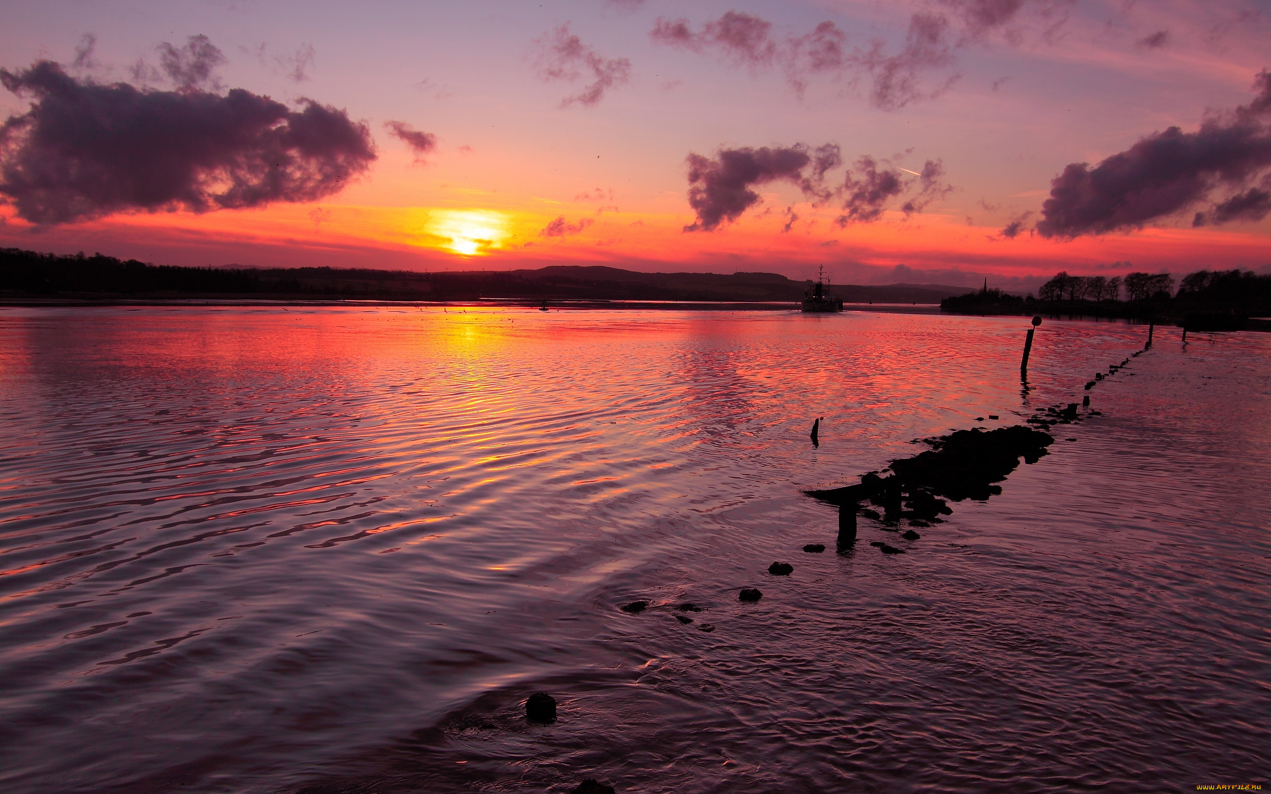 природа, восходы, закаты, закат, река, камни