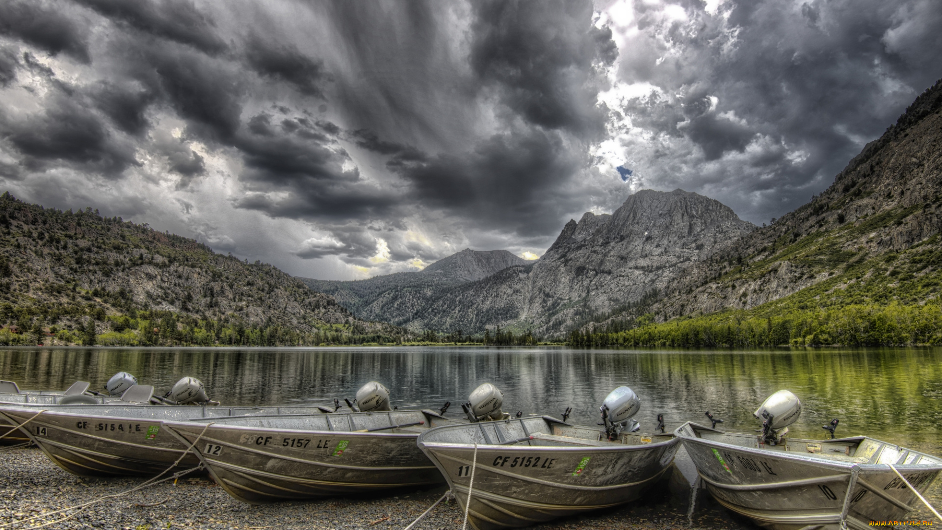 корабли, моторные, лодки, горы, озеро, лодки, моторы