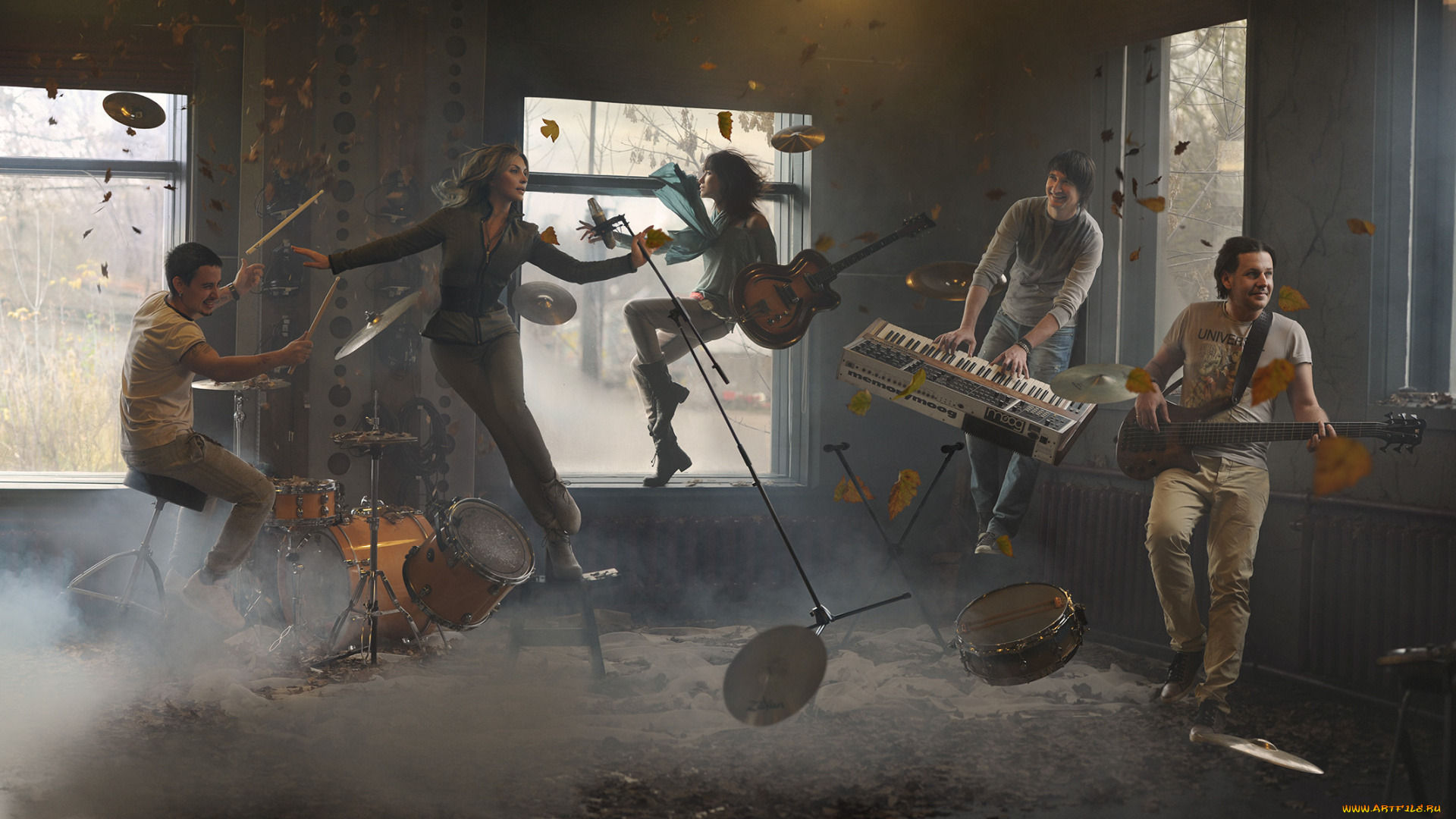 разное, компьютерный, дизайн, вихрь, полет, мужчины, девушка, музыканты