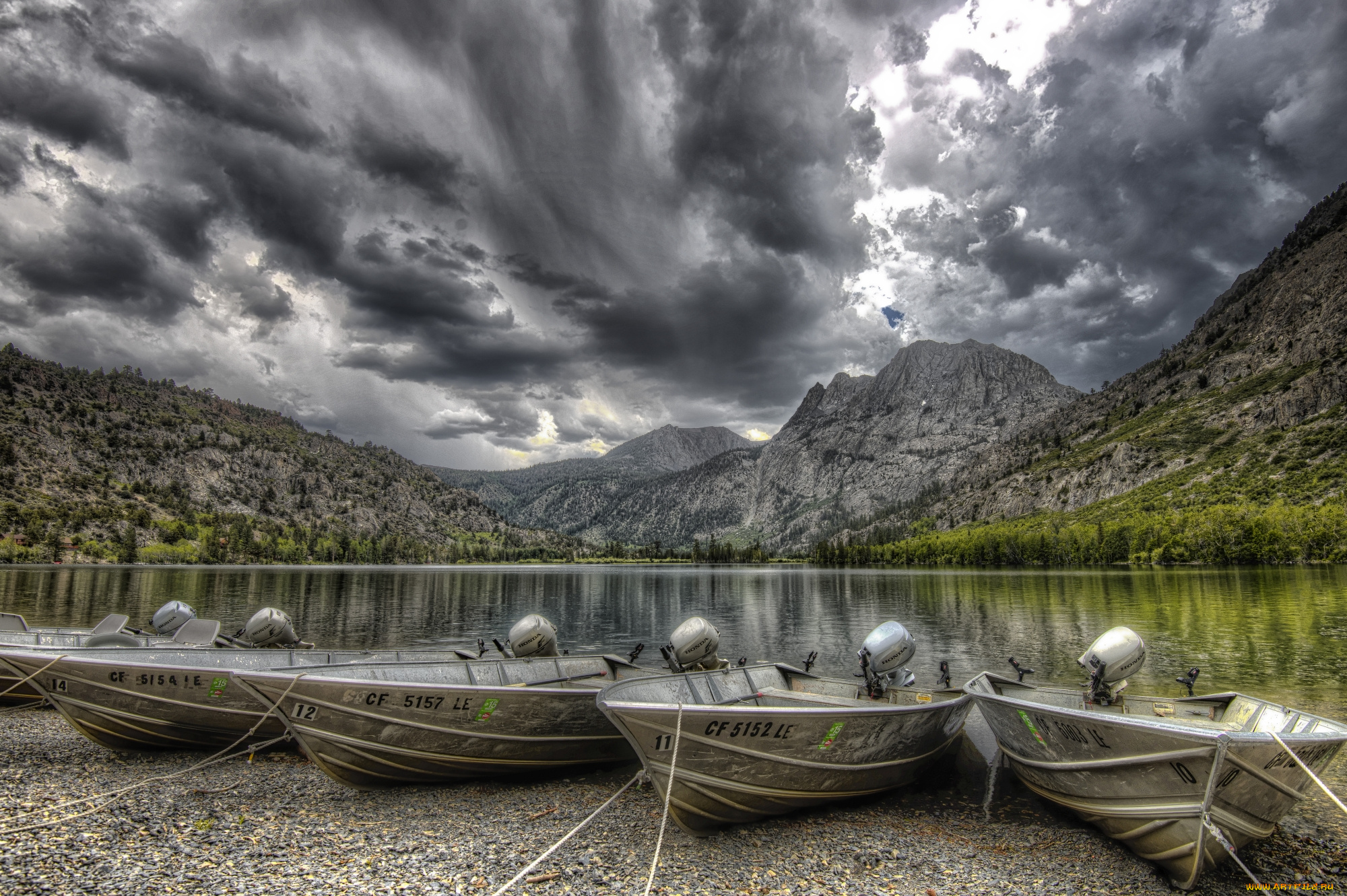 корабли, моторные, лодки, горы, озеро, лодки, моторы