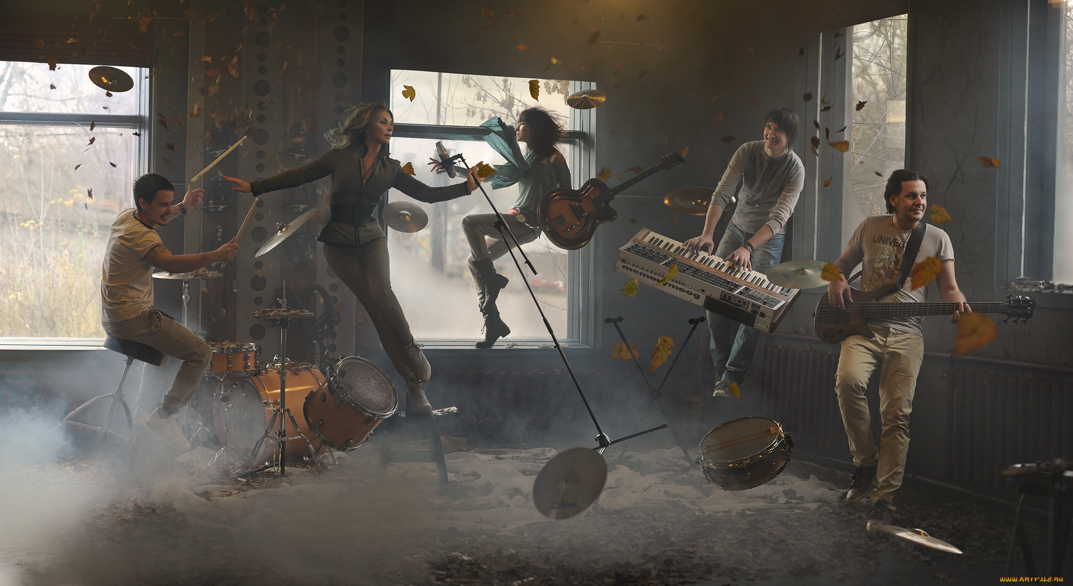 разное, компьютерный, дизайн, вихрь, полет, мужчины, девушка, музыканты