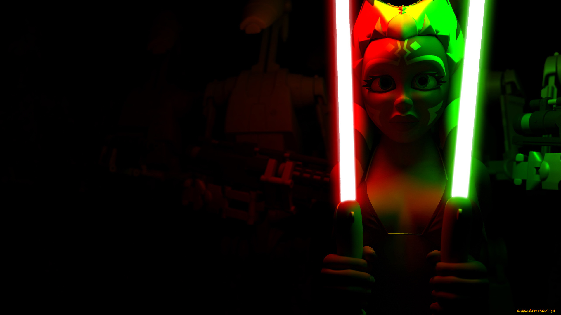 3д, графика, фантазия, , fantasy, асока, тано, взгляд, халк, оружие, фон, огненый, меч, бикини