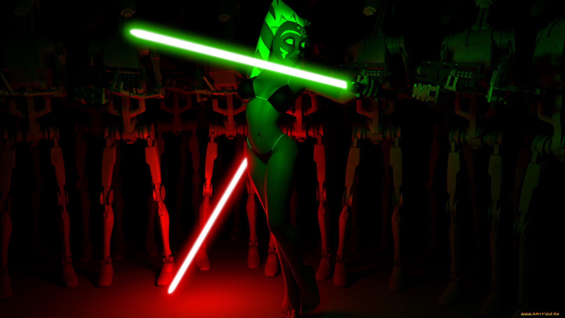 3д, графика, фантазия, , fantasy, огненный, меч, оружие, фон, взгляд, бикини, халк, асока, тано