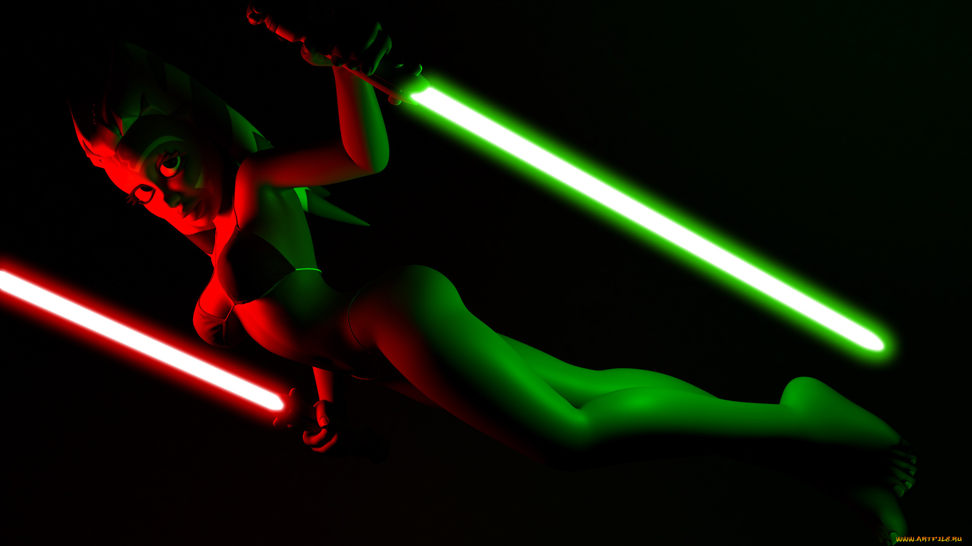 3д, графика, фантазия, , fantasy, огненный, меч, бикини, асока, тано, халк, оружие, фон, взгляд