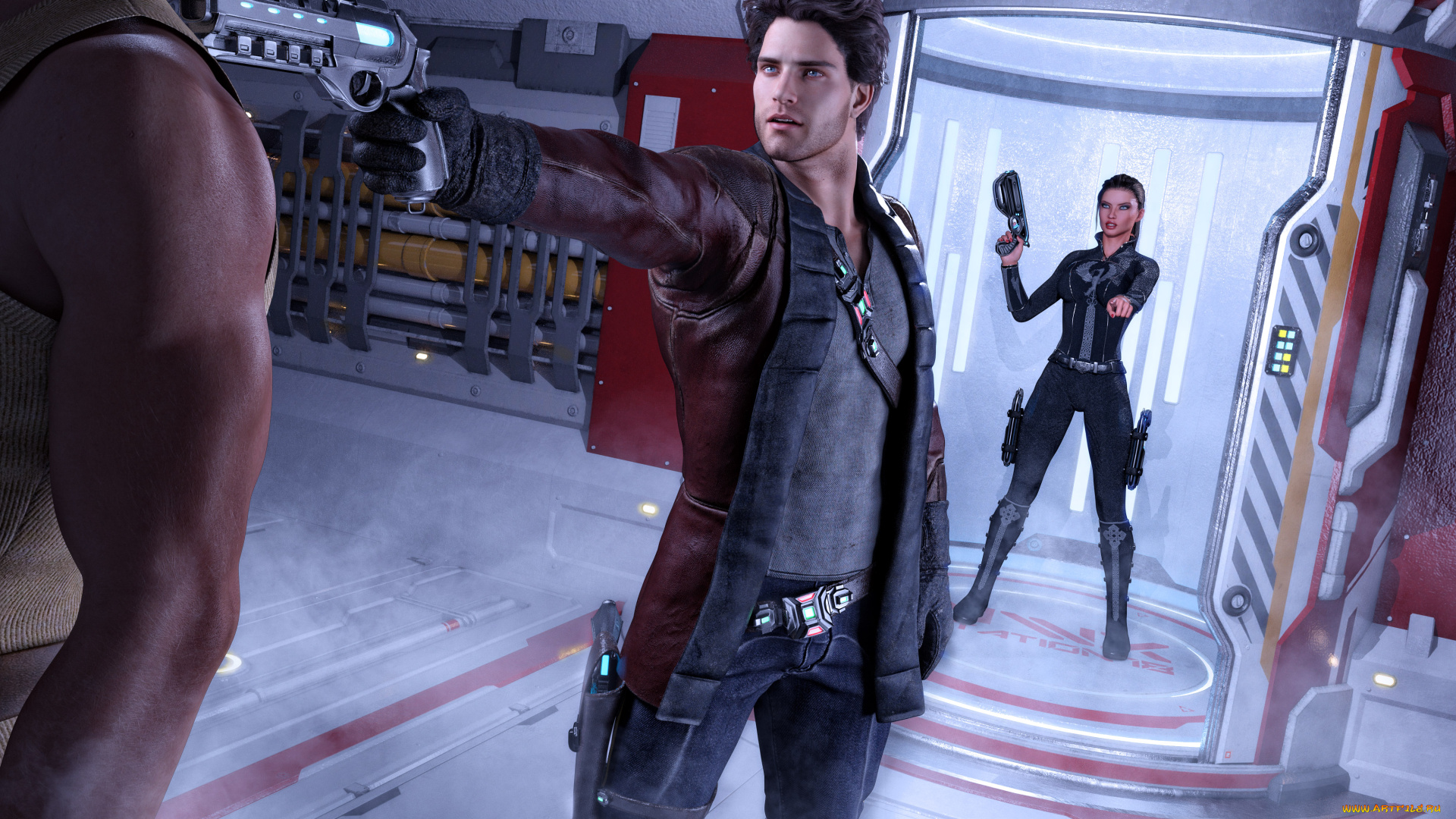 3д, графика, фантазия, , fantasy, парень, фон, оружие, взгляд, девушка