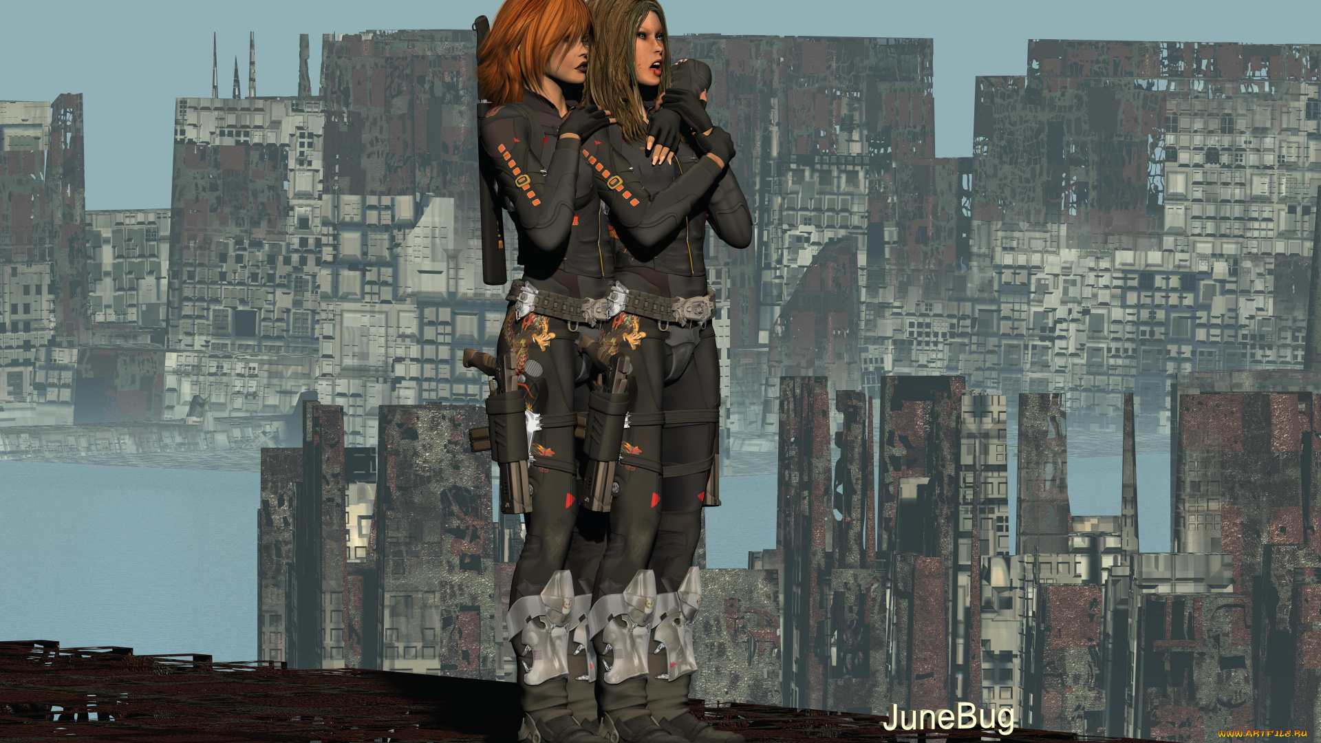 3д, графика, фантазия, , fantasy, руины, рыжие, фон, взгляд, девушки