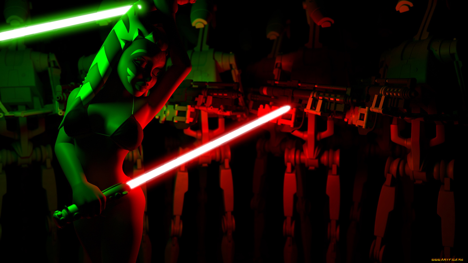 3д, графика, фантазия, , fantasy, взгляд, халк, бикини, оружие, асока, тано, фон, огненный, меч