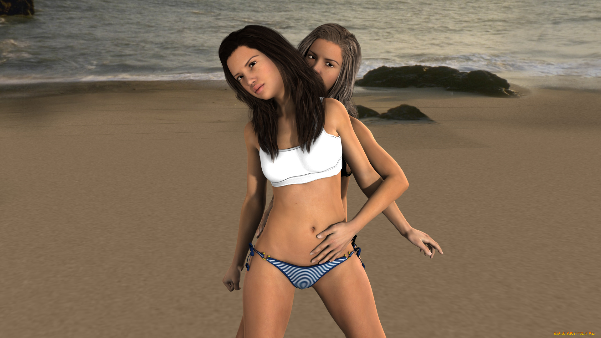 3д, графика, люди, , people, девушки, пляж, фон, взгляд