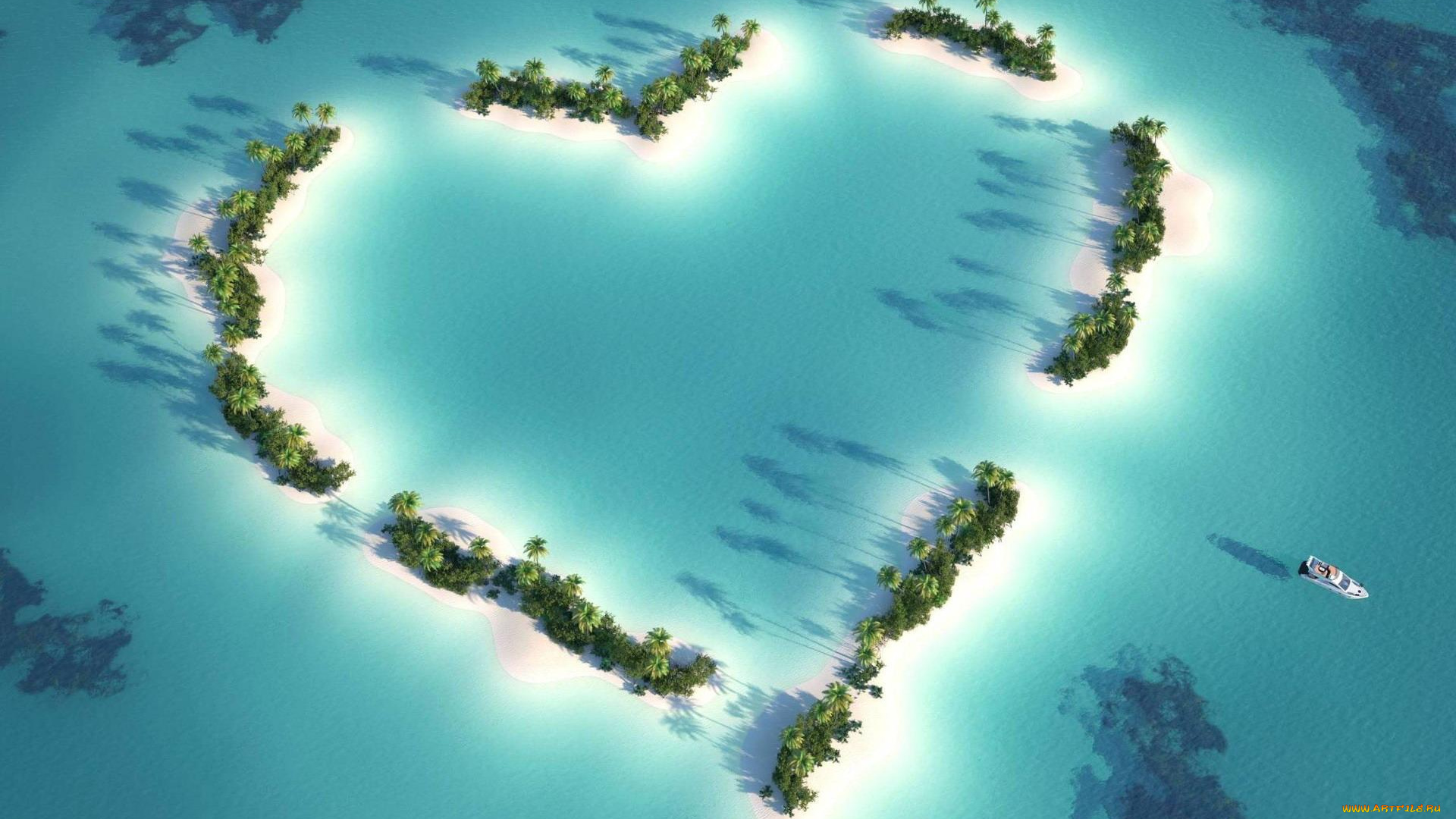 природа, тропики, сердечко, пальмы, острова, океан, яхта