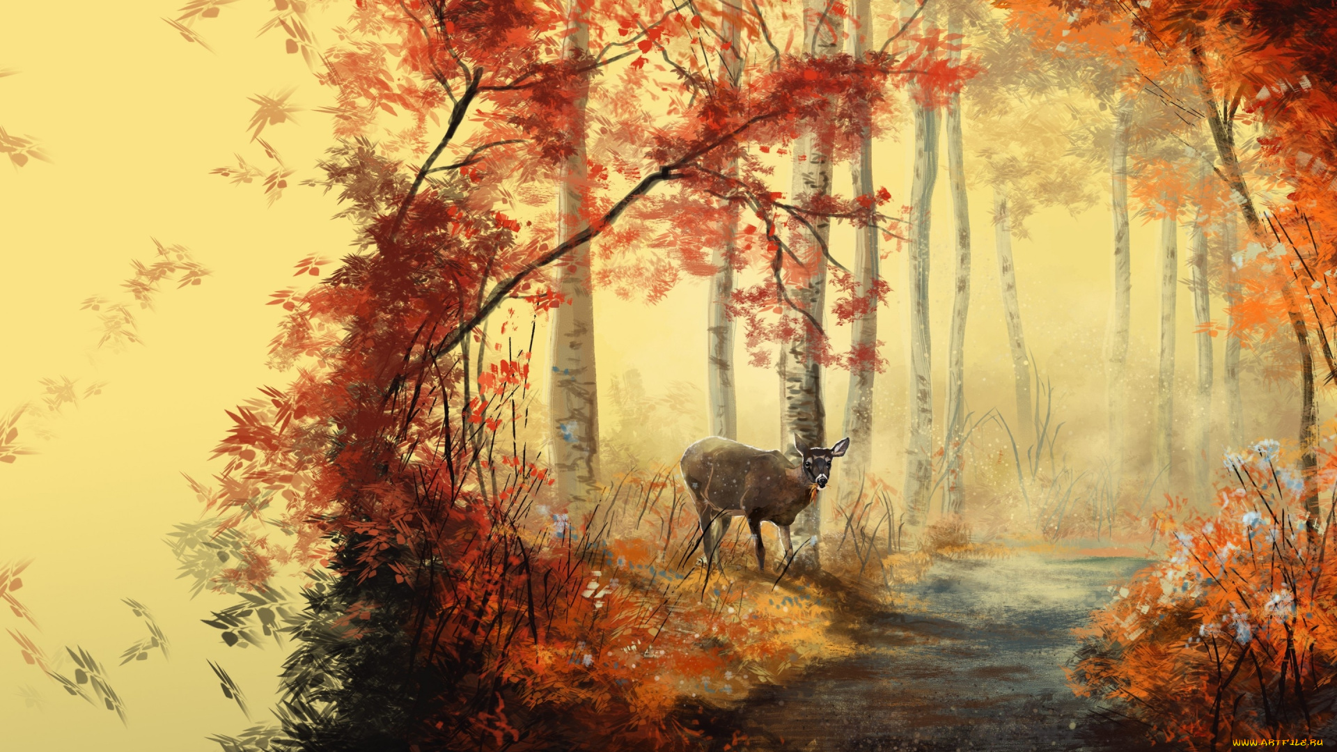 рисованное, животные, лес, олень