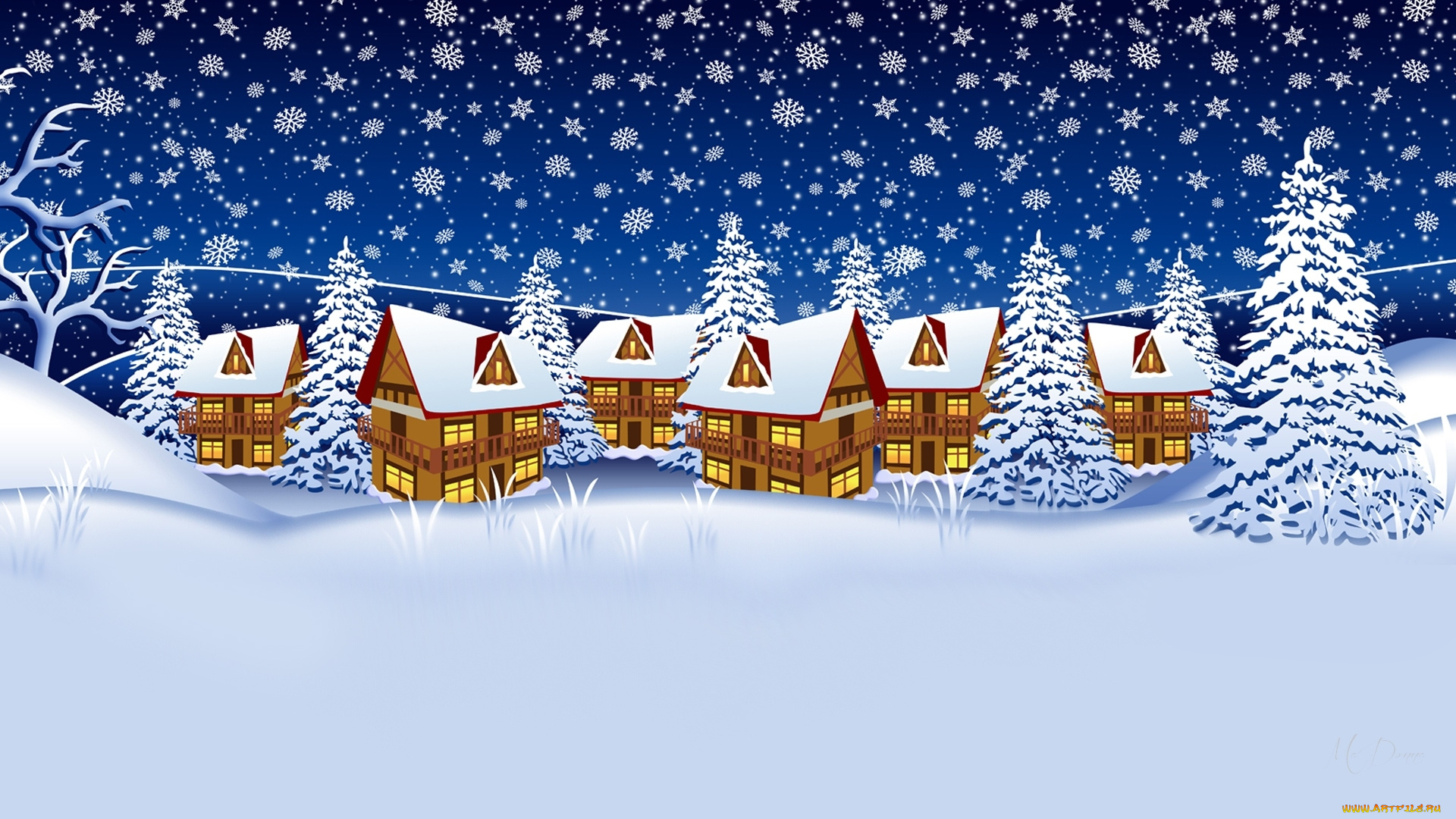 векторная, графика, город, , city, снег, ели, дома