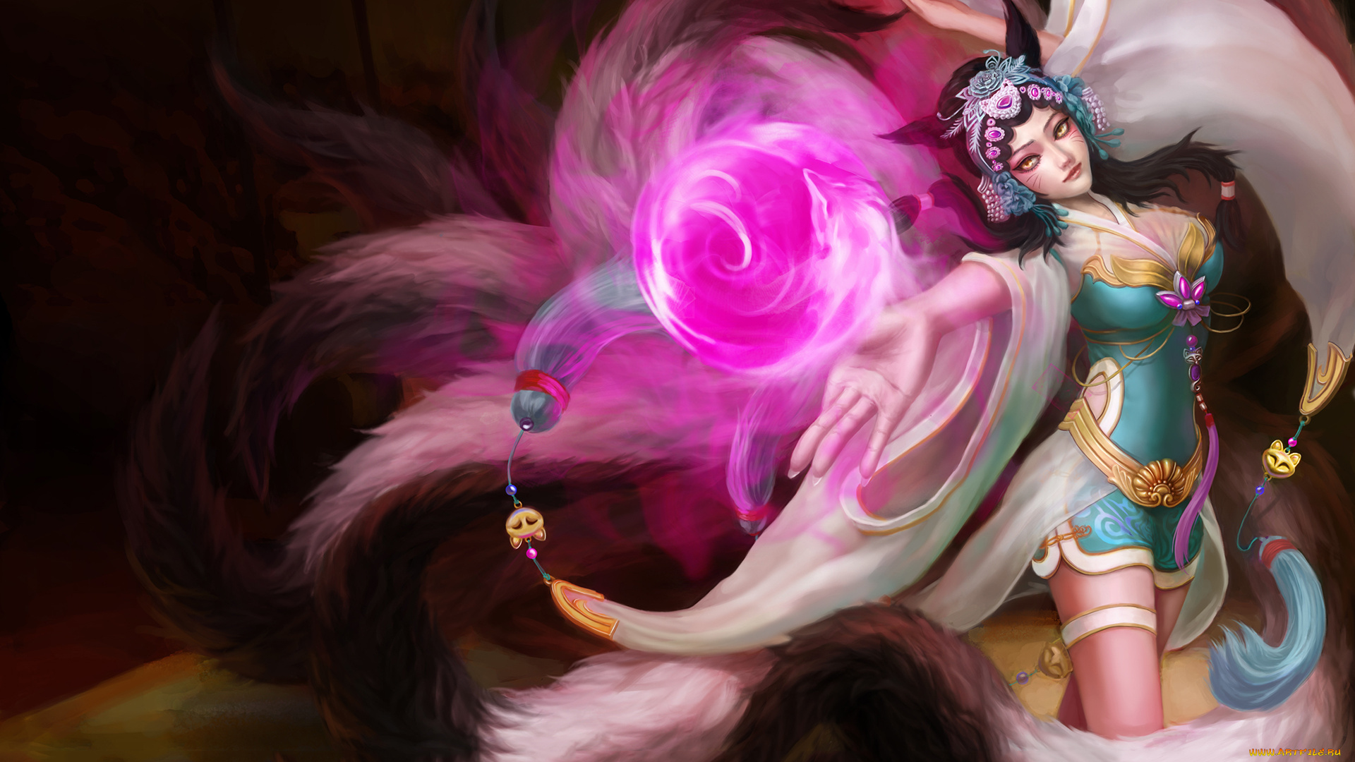 видео, игры, league, of, legends, арт, фон, взгляд, девушка, магия, хвост, лиса, ahri