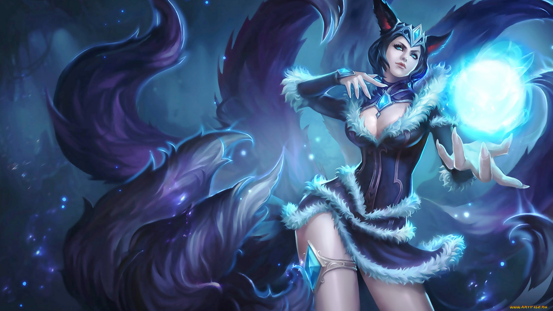 видео, игры, league, of, legends, девушка, арт, взгляд, фон, лиса, хвост, магия, ahri