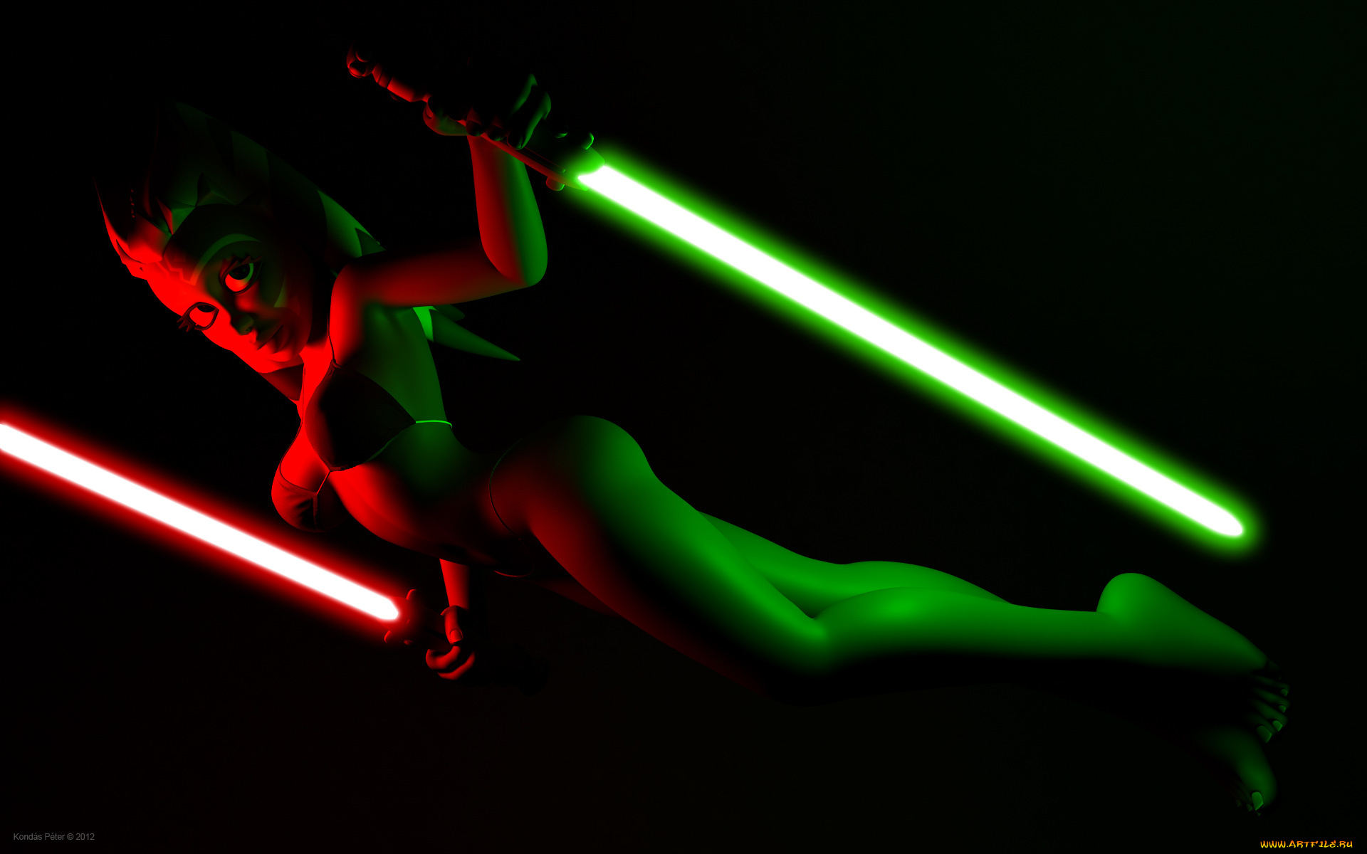 3д, графика, фантазия, , fantasy, огненный, меч, бикини, асока, тано, халк, оружие, фон, взгляд