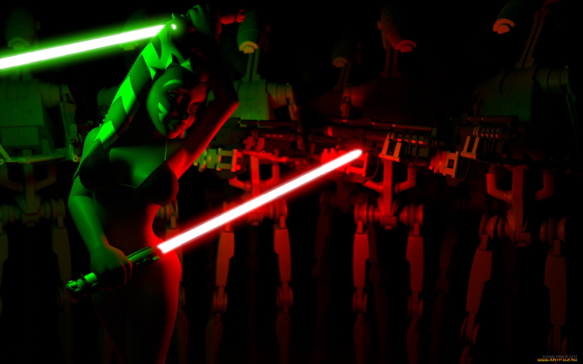 3д, графика, фантазия, , fantasy, взгляд, халк, бикини, оружие, асока, тано, фон, огненный, меч